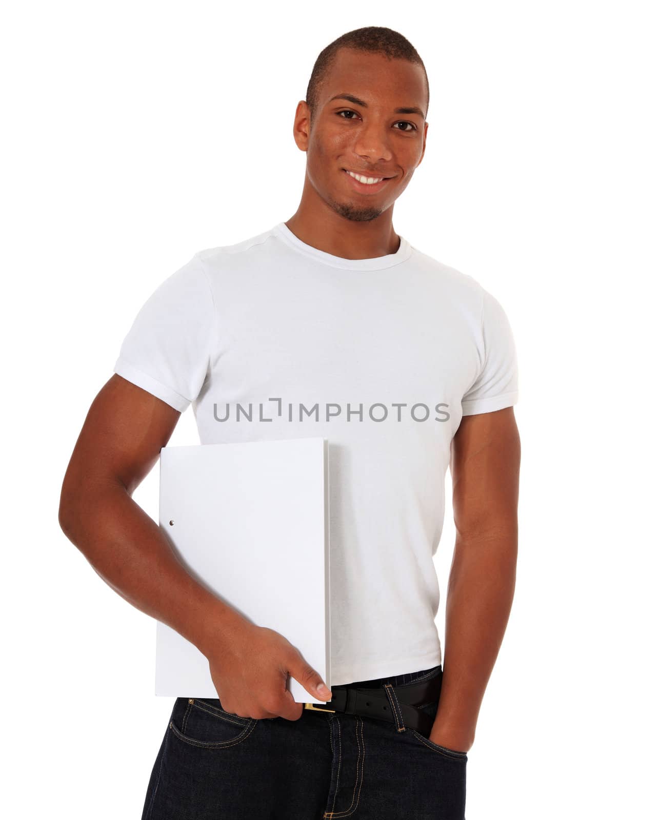 Attractive black student. All on white background.