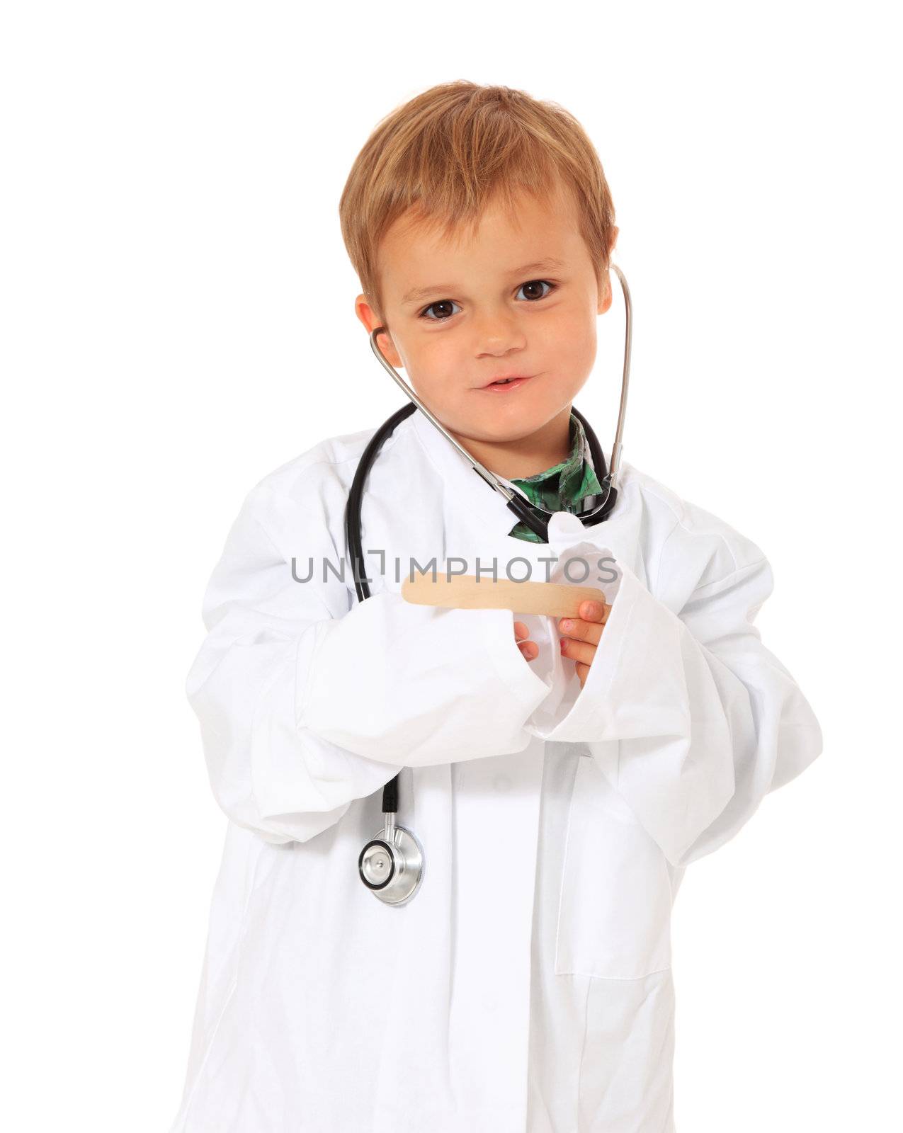 Cute caucasian boy playing doctor. All on white background.