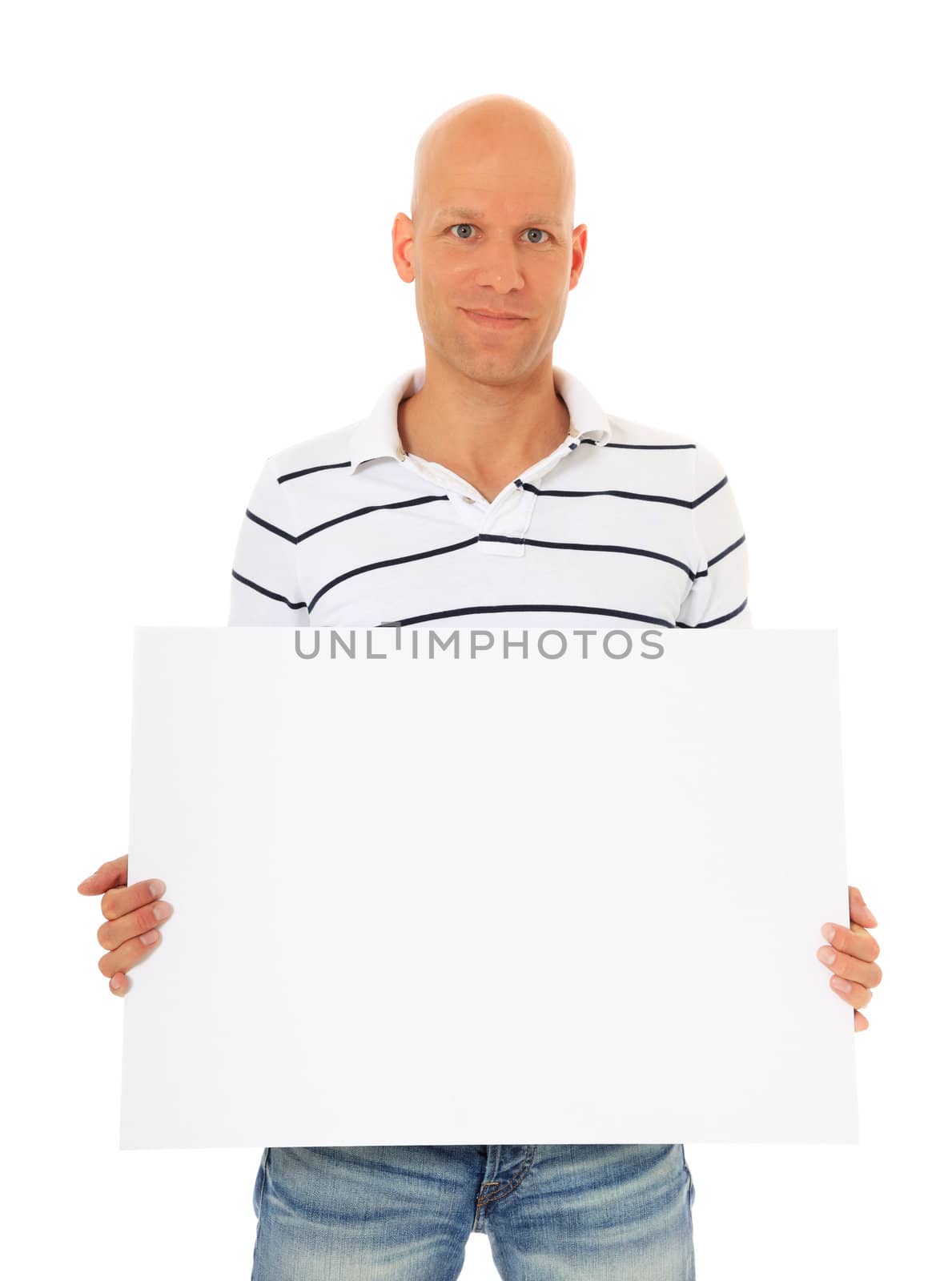 Attractive man holding blank white sign. All on white background.
