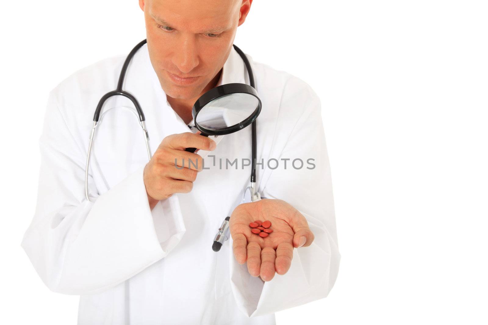 Doctor checking pharmaceuticals. All on white background.