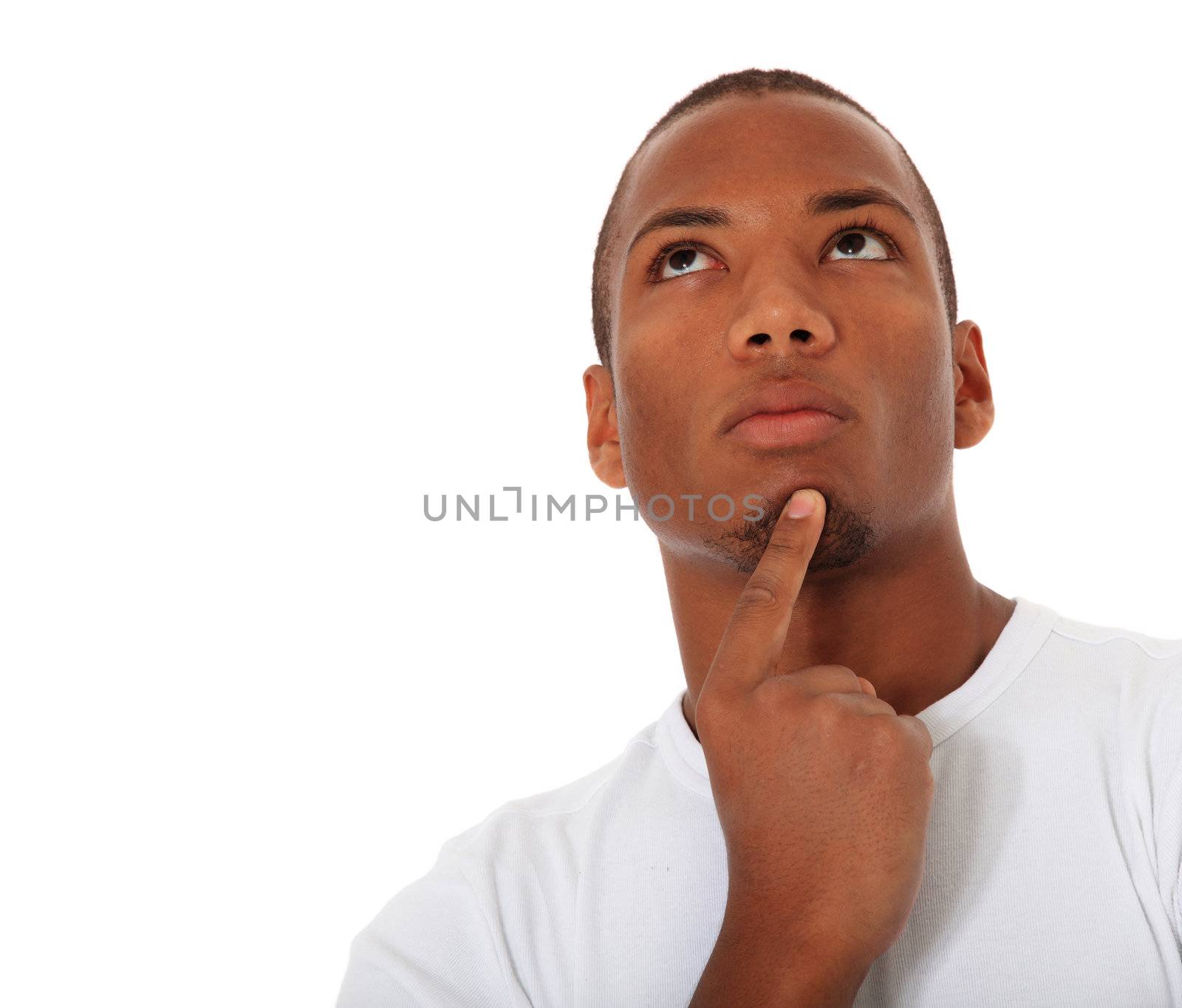 Attractive black man deliberates a decision. All on white background. Extra text space on the left.