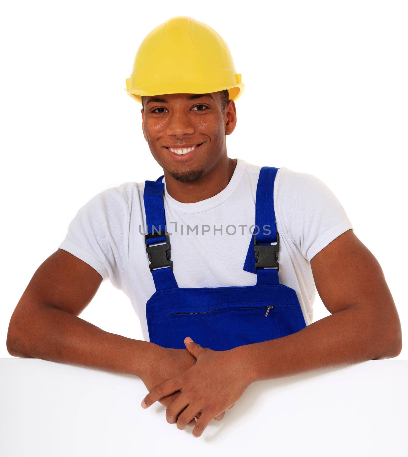 Attractive black manual worker. All on white background.