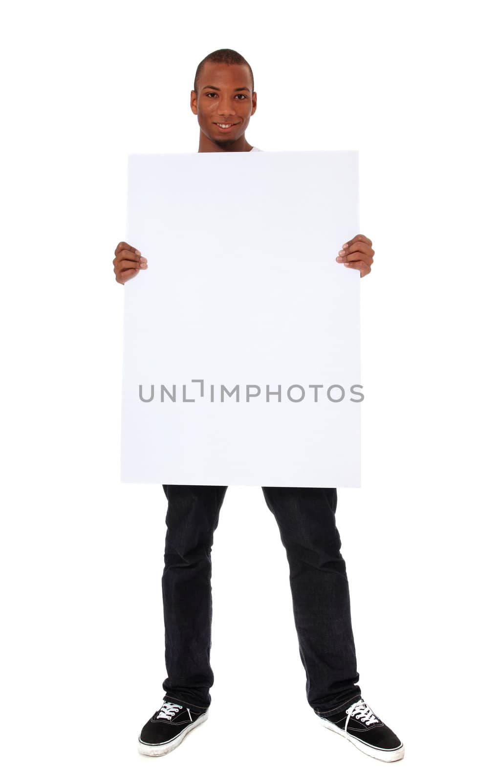 Attractive black holding blank white sign. All on white background.