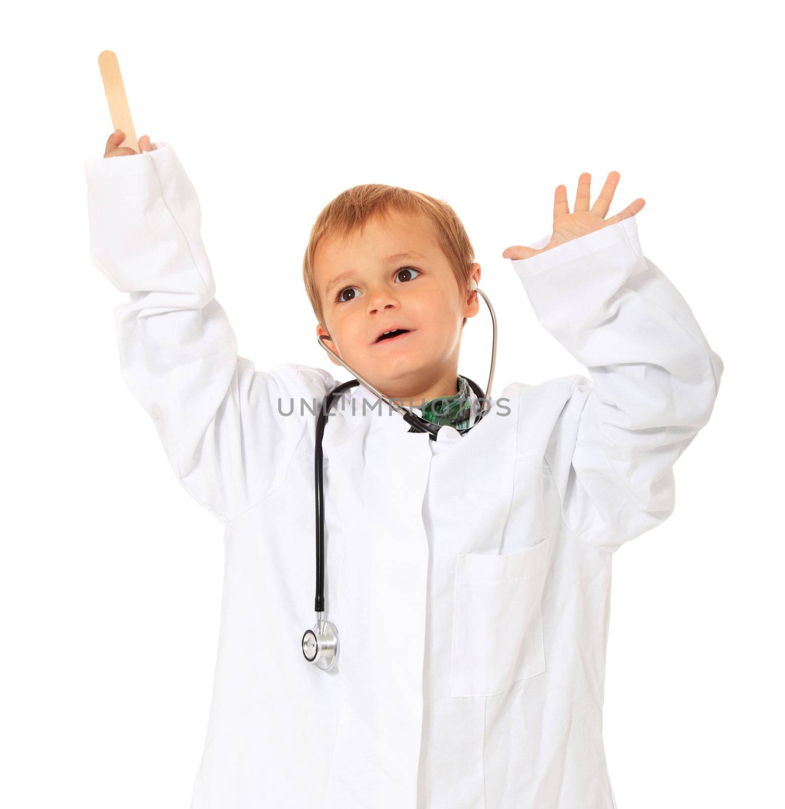 Cute caucasian boy playing doctor. All on white background.