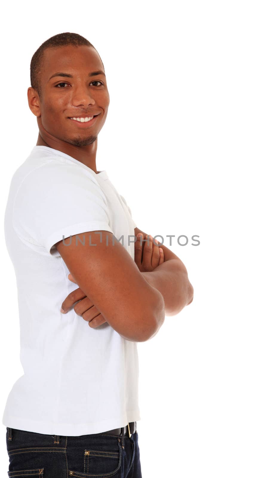 Attractive black guy. All on white background. Extra text space on the right.