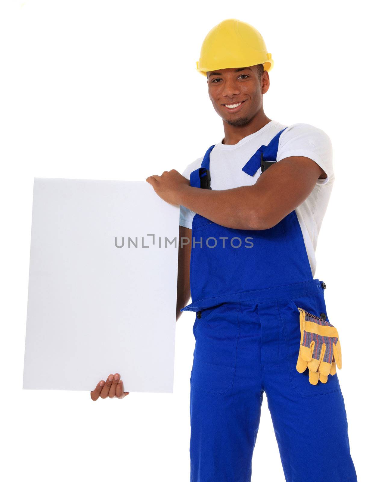 Attractive black manual worker holding blank white sign. All on white background.
