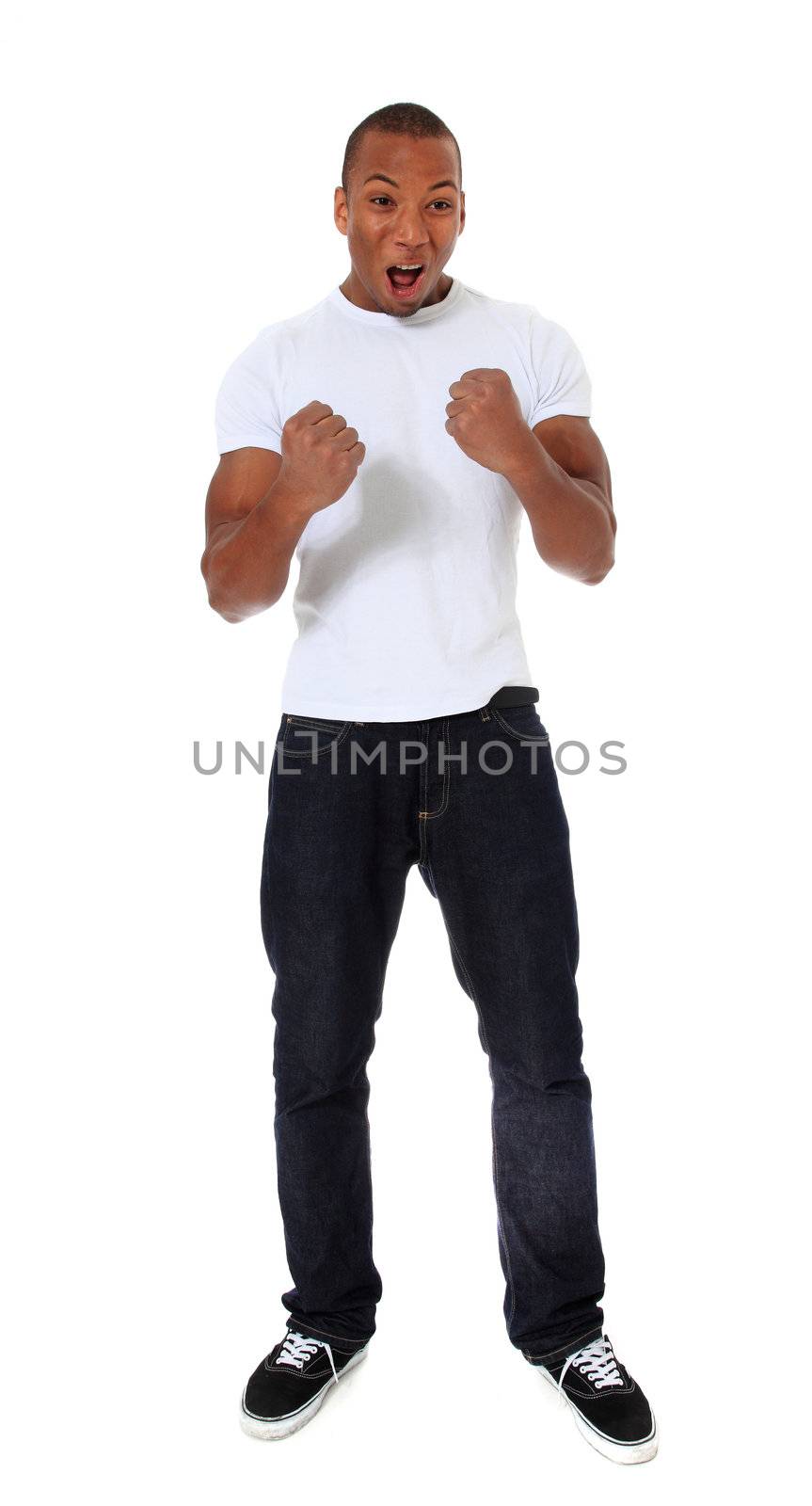 Attractive black man jubilating. All on white background.