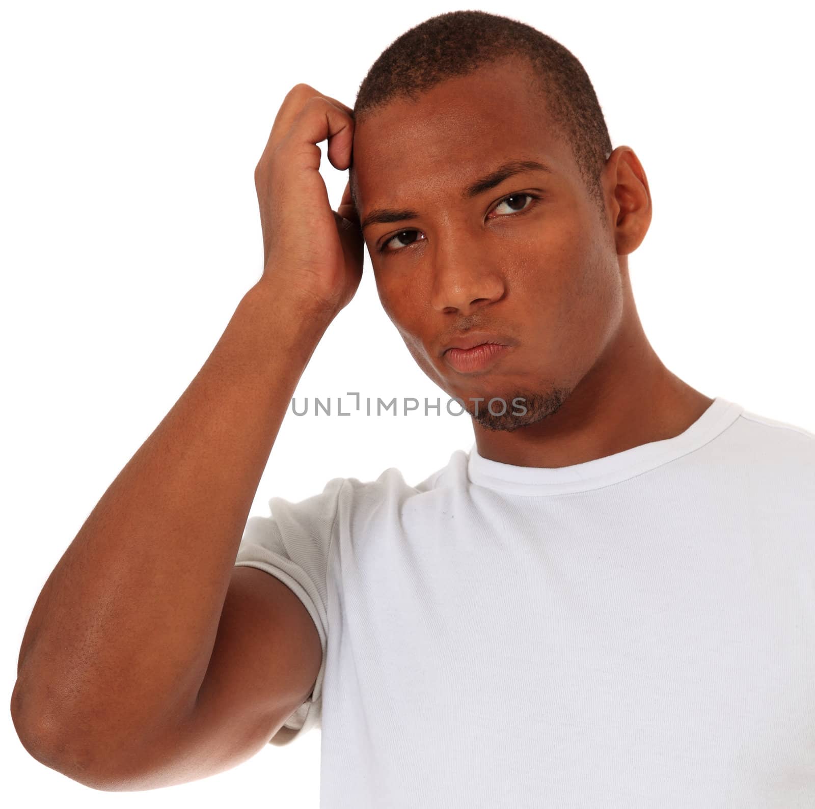 Clueless black man. All on white background.