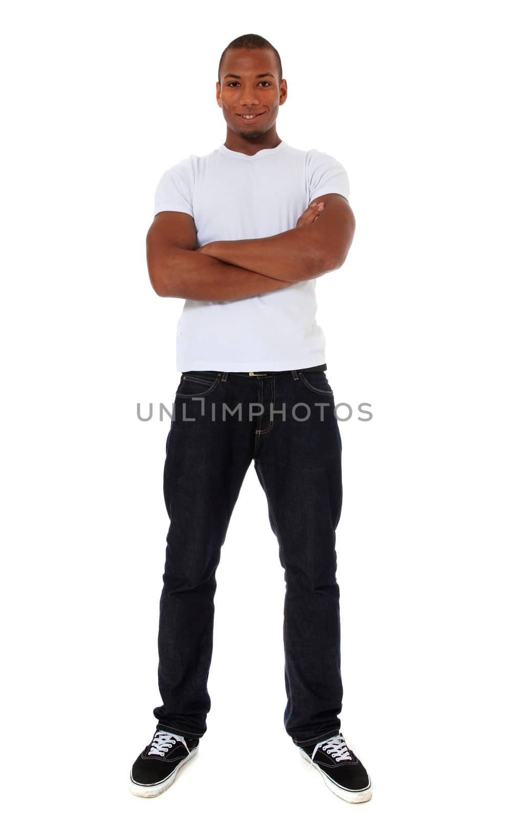 Full length shot of an attractive black man. All on white background.
