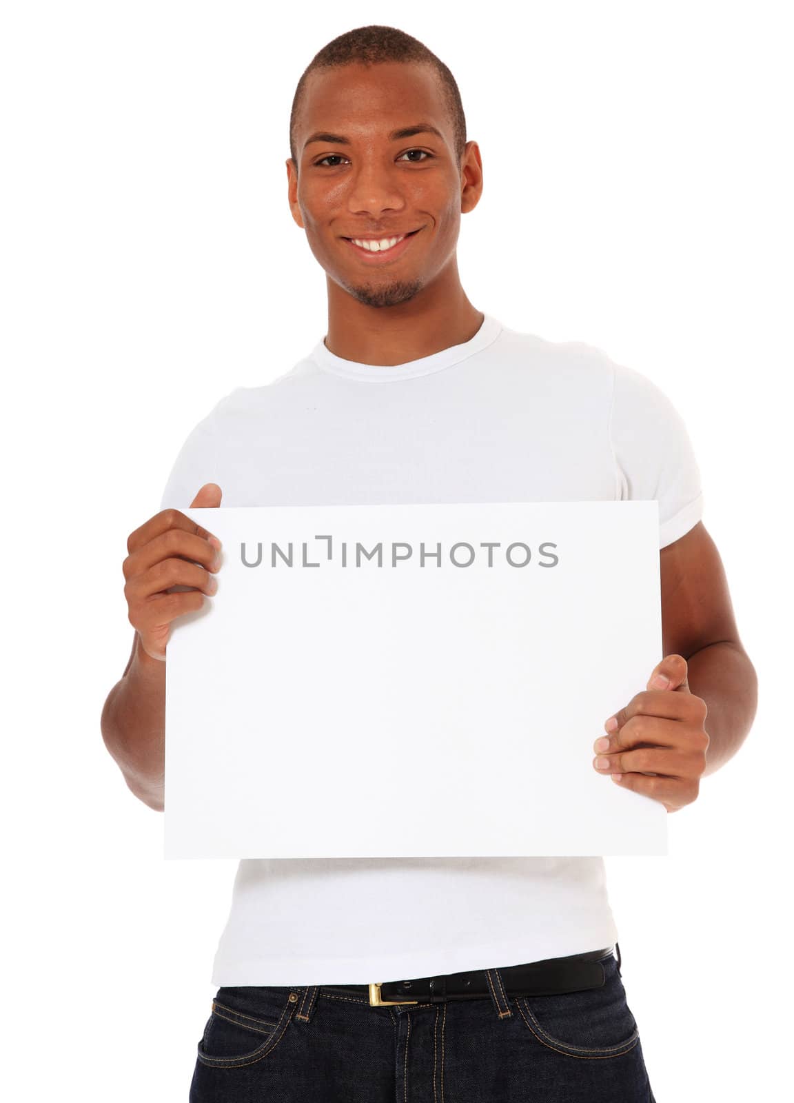 Attractive black holding blank white sign. All on white background.