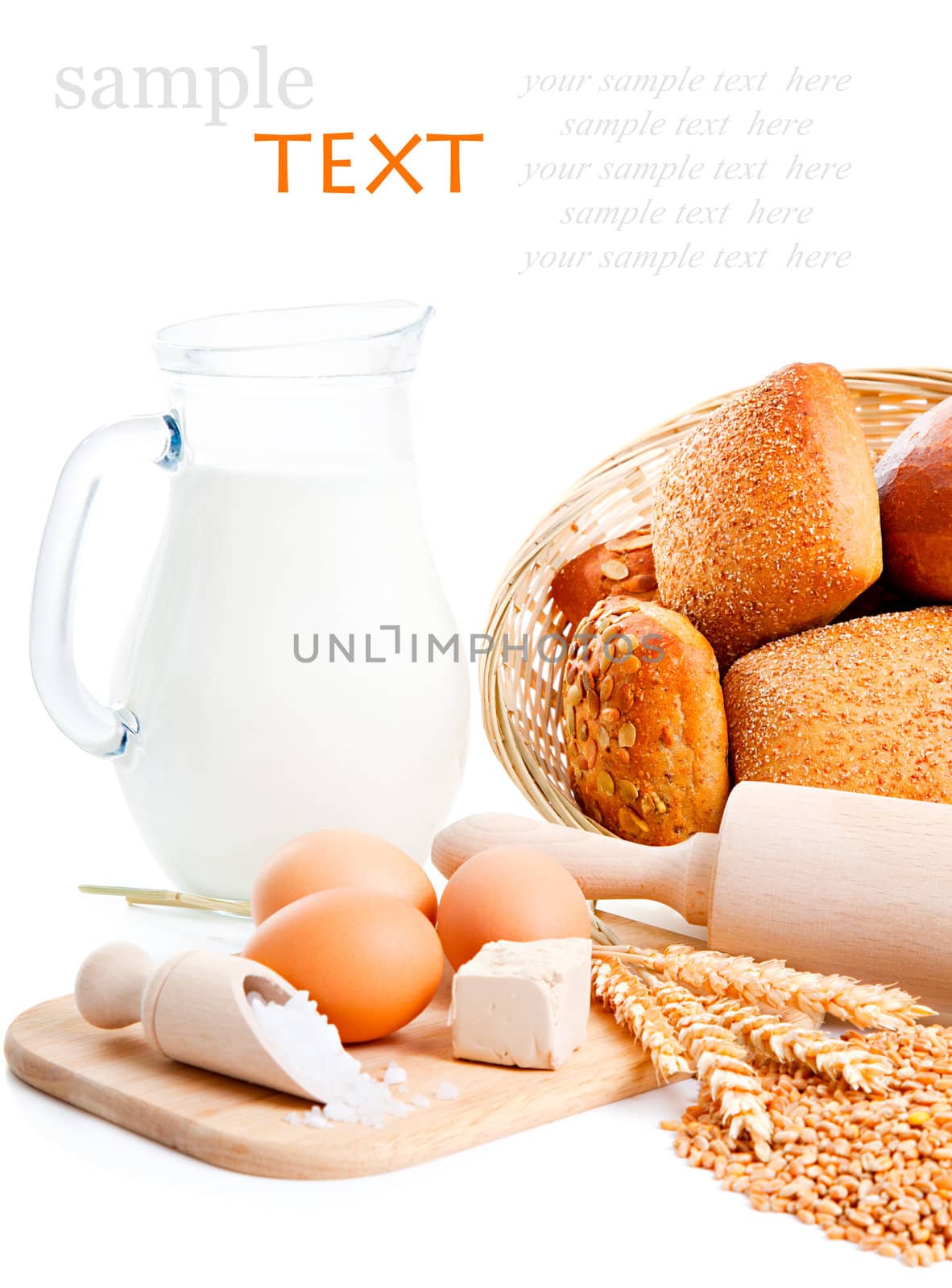 ingredients for homemade bread, isolated on a white background