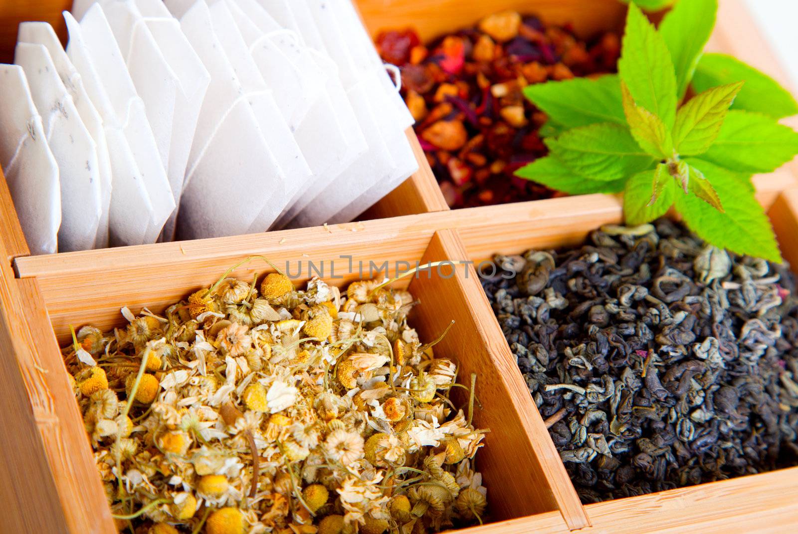 Dry tea in wooden box