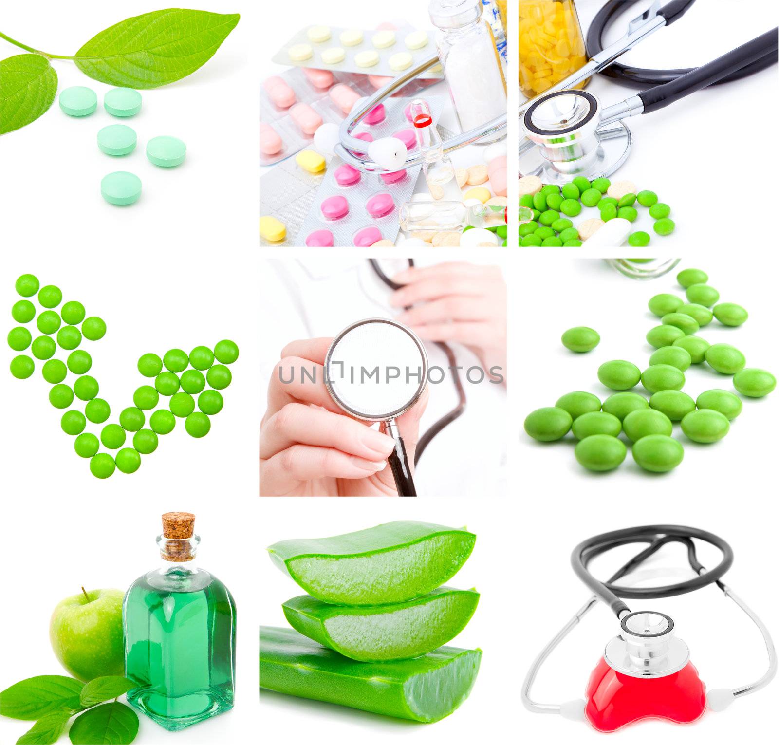 set of medical subjects: pill, stethoscope, aloe  