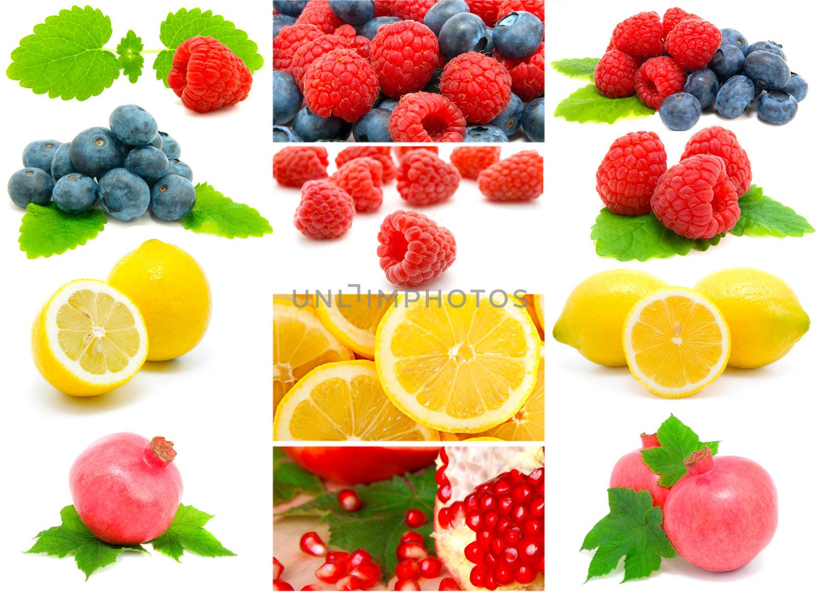 set of blueberry, raspberries, lemon and pomegranate by motorolka