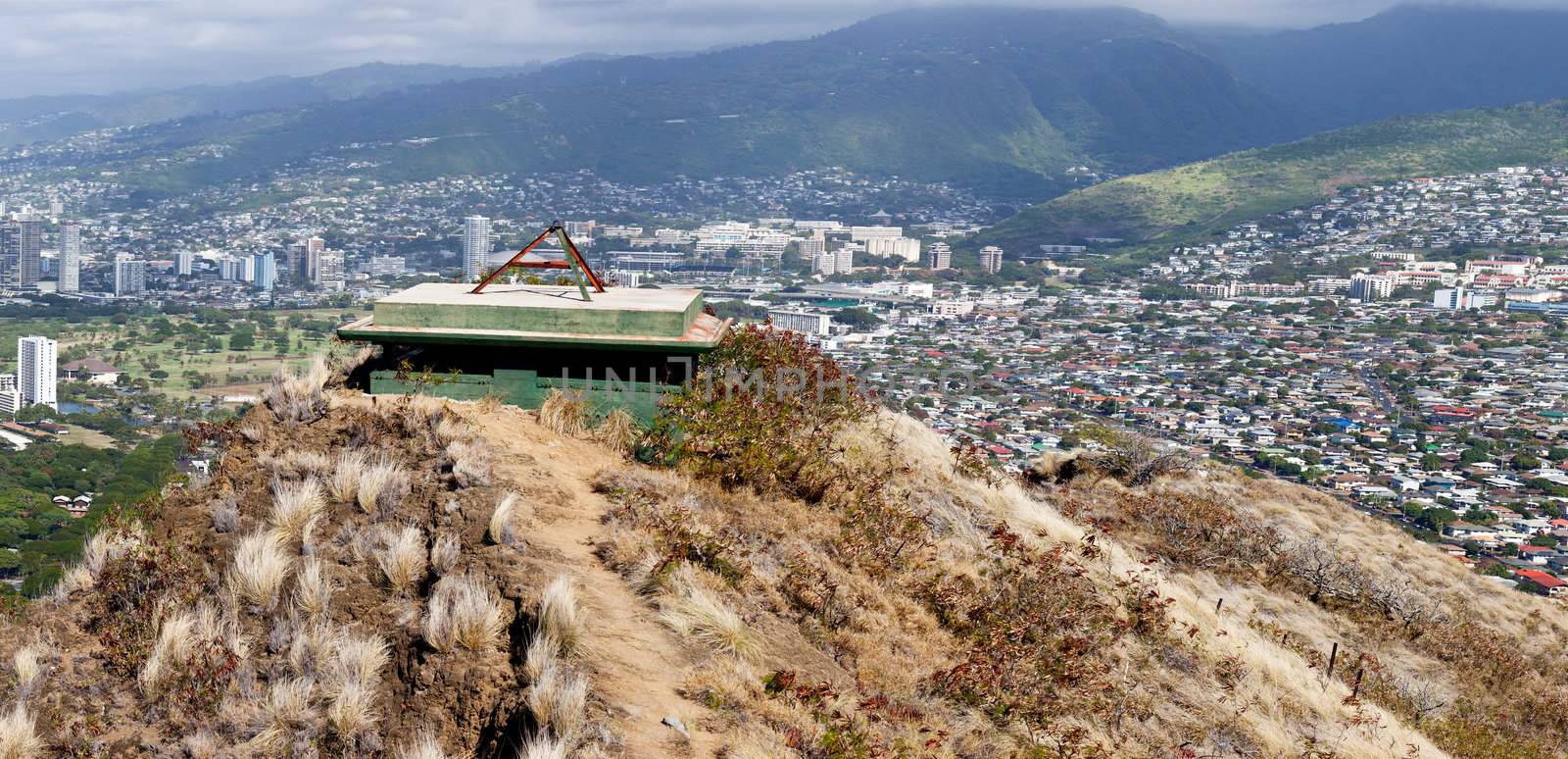 Panorama of Waikiki and mountains in Oahu Hawaii from the summit of Diamond Head crater