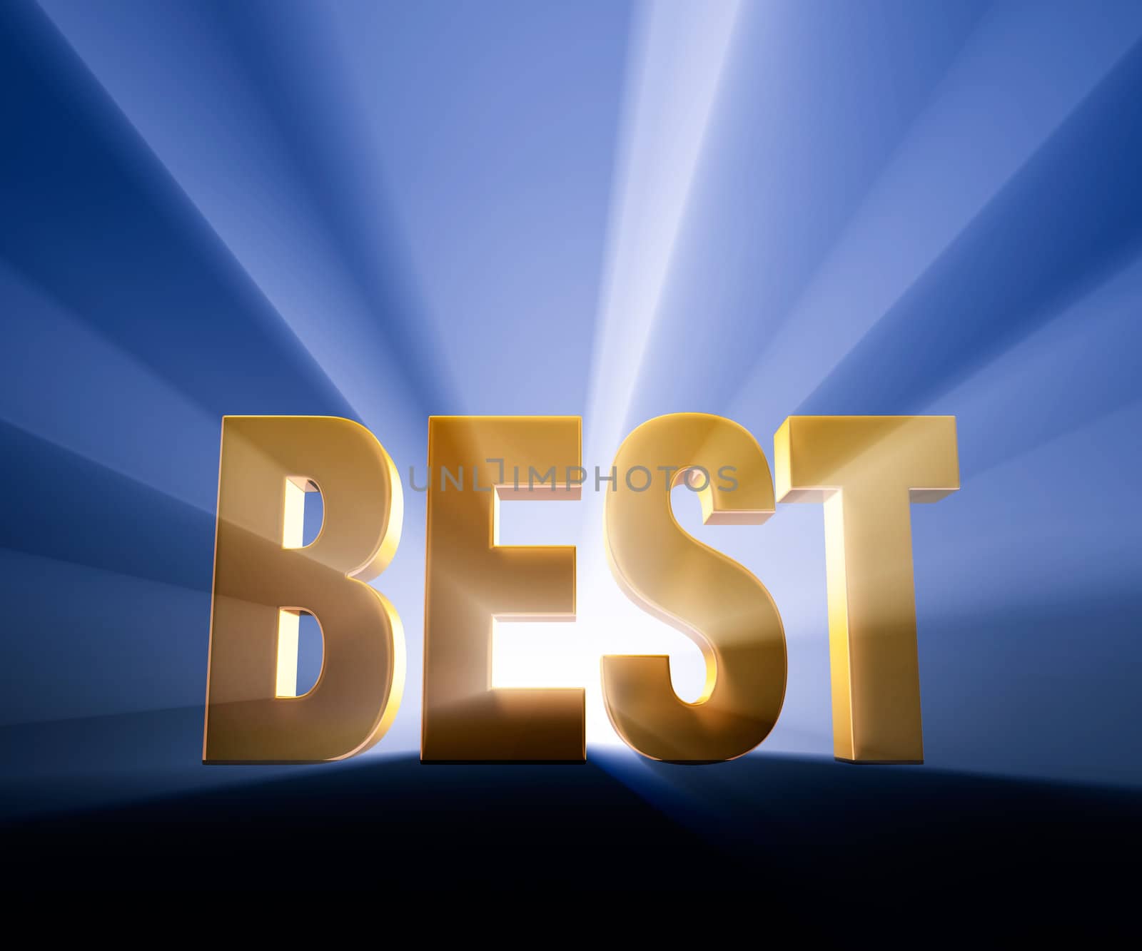 Dramatic, gold "BEST" on dark blue background and brilliantly backlight with light rays shining through.