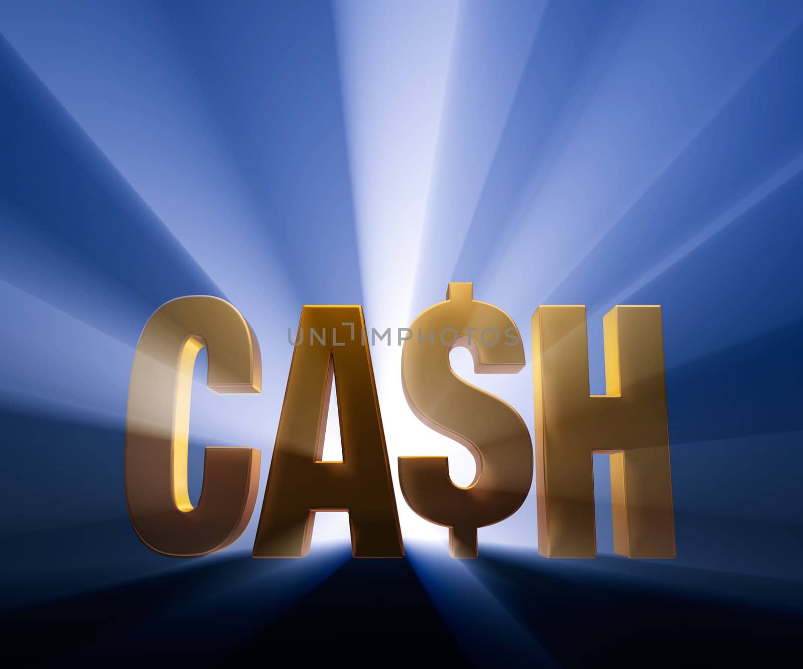 Big, gold "CA$H" on dark blue background and brilliantly backlight with light rays shining through.