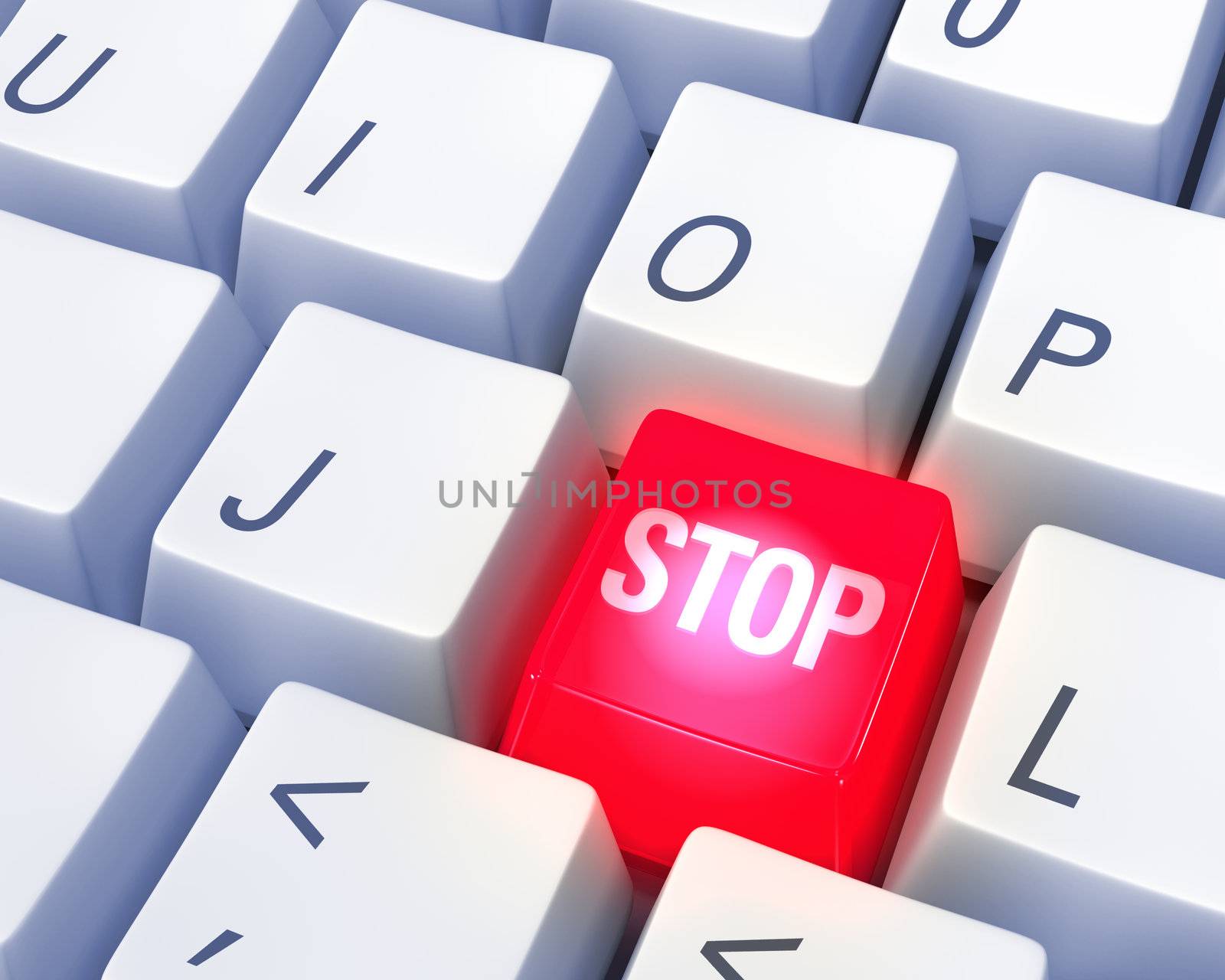 Close up photo-real illustration of a computer keyboard with a red glowing STOP key surrounded by other keys cast in pale blue light.