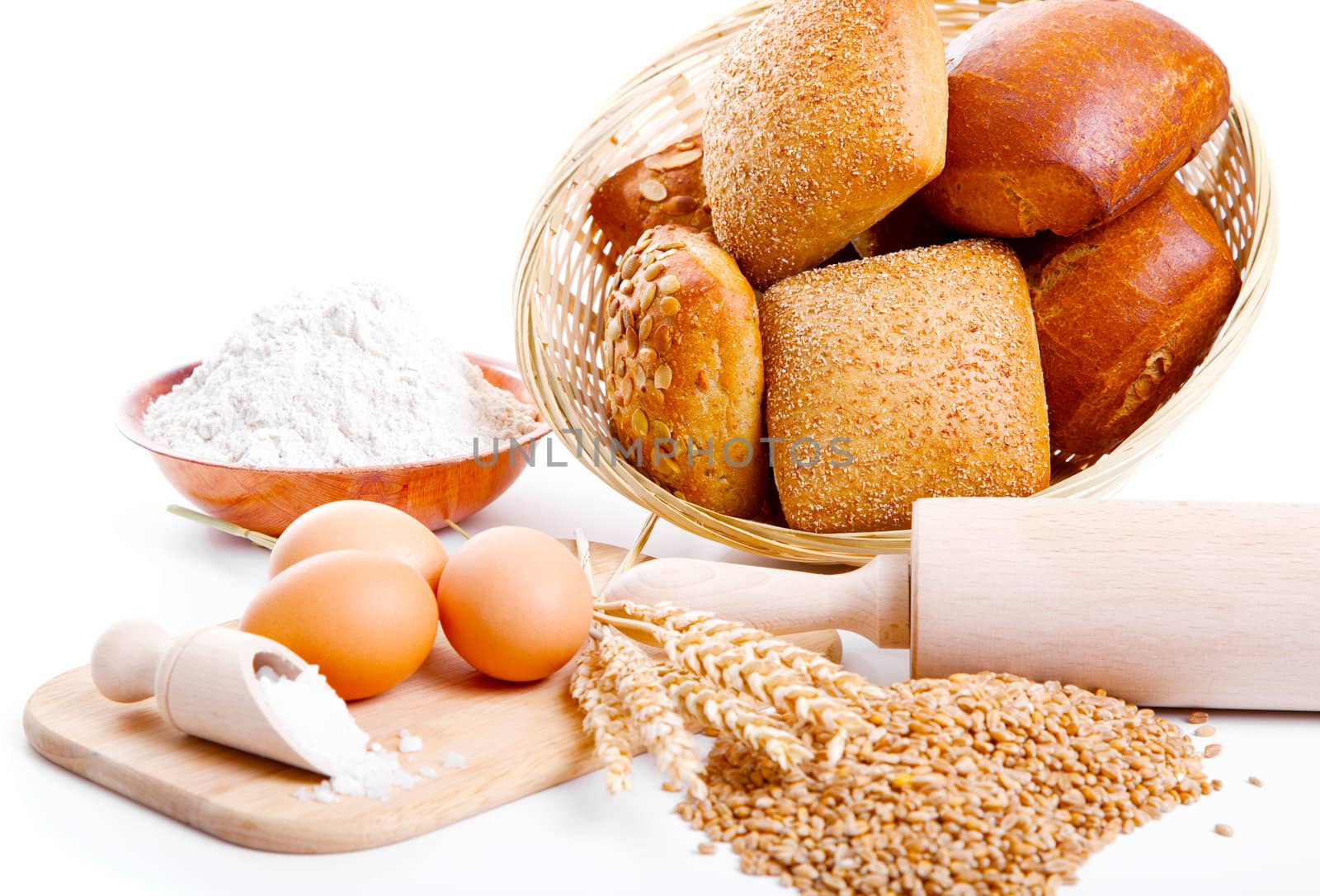 ingredients for homemade bread,  isolated on a white background 