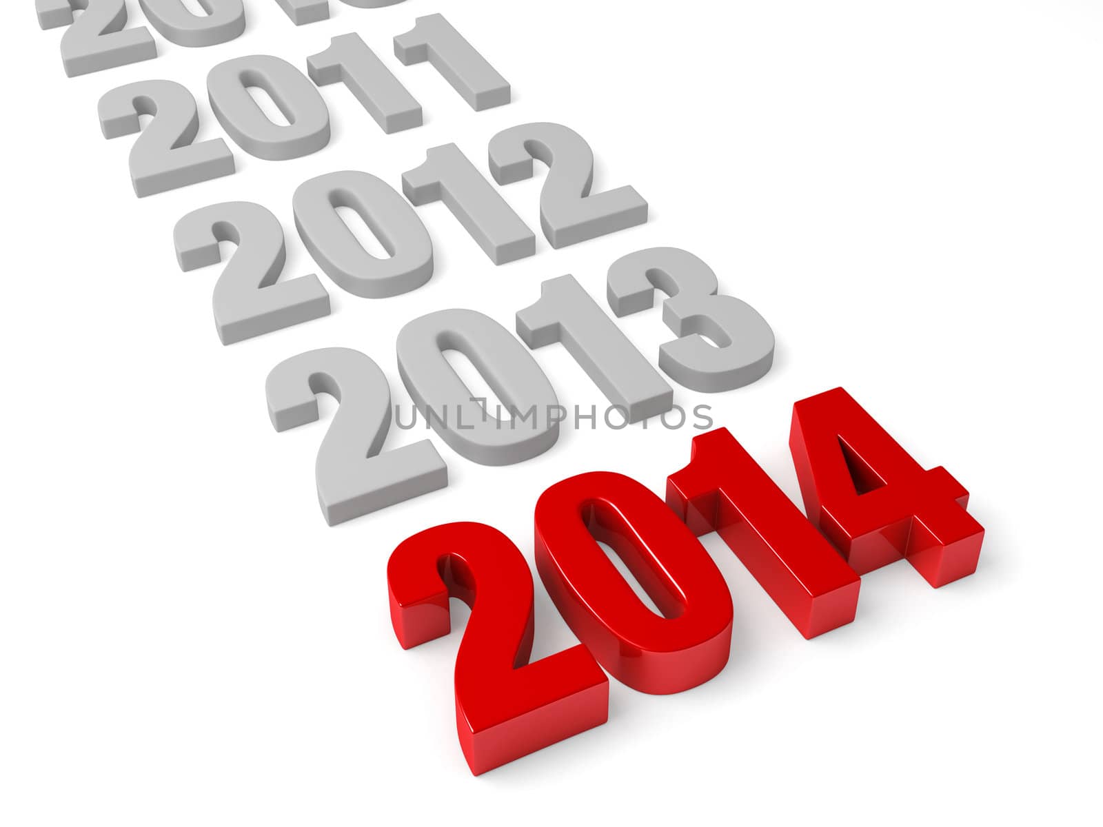 2014 in shiny Red Letters followed by the years recently past in muted gray. Isolated on white.