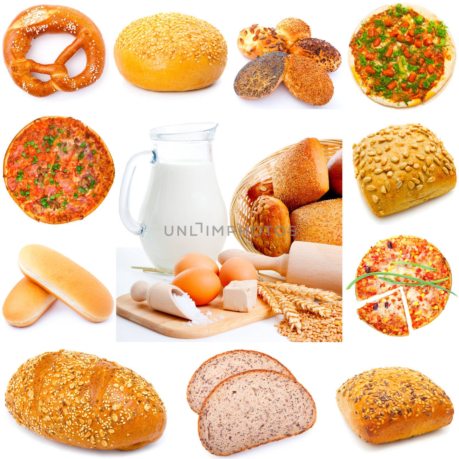 Assortment of different types of bread isolated on white background,