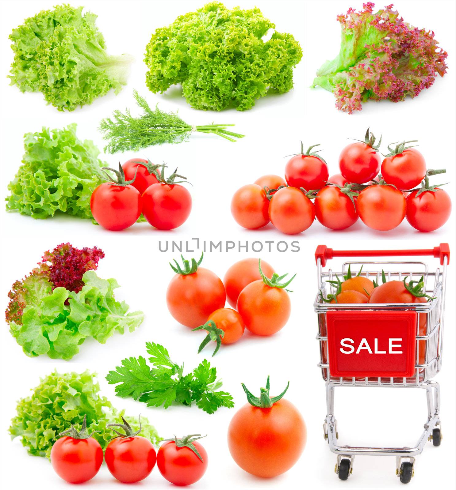 Assortment of red cherry tomatoes and lettuce leaves, isolated on white background