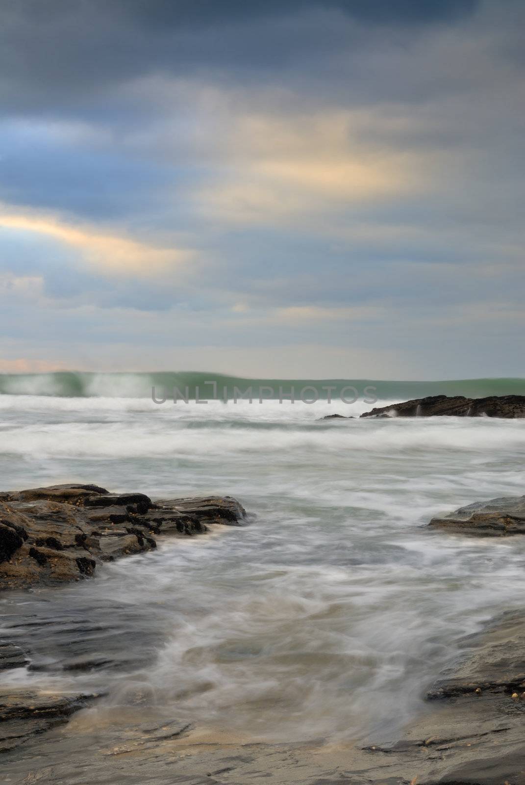 Slow shutter seascape. View from Trebarwith Strand beach, Cornwall, UK.