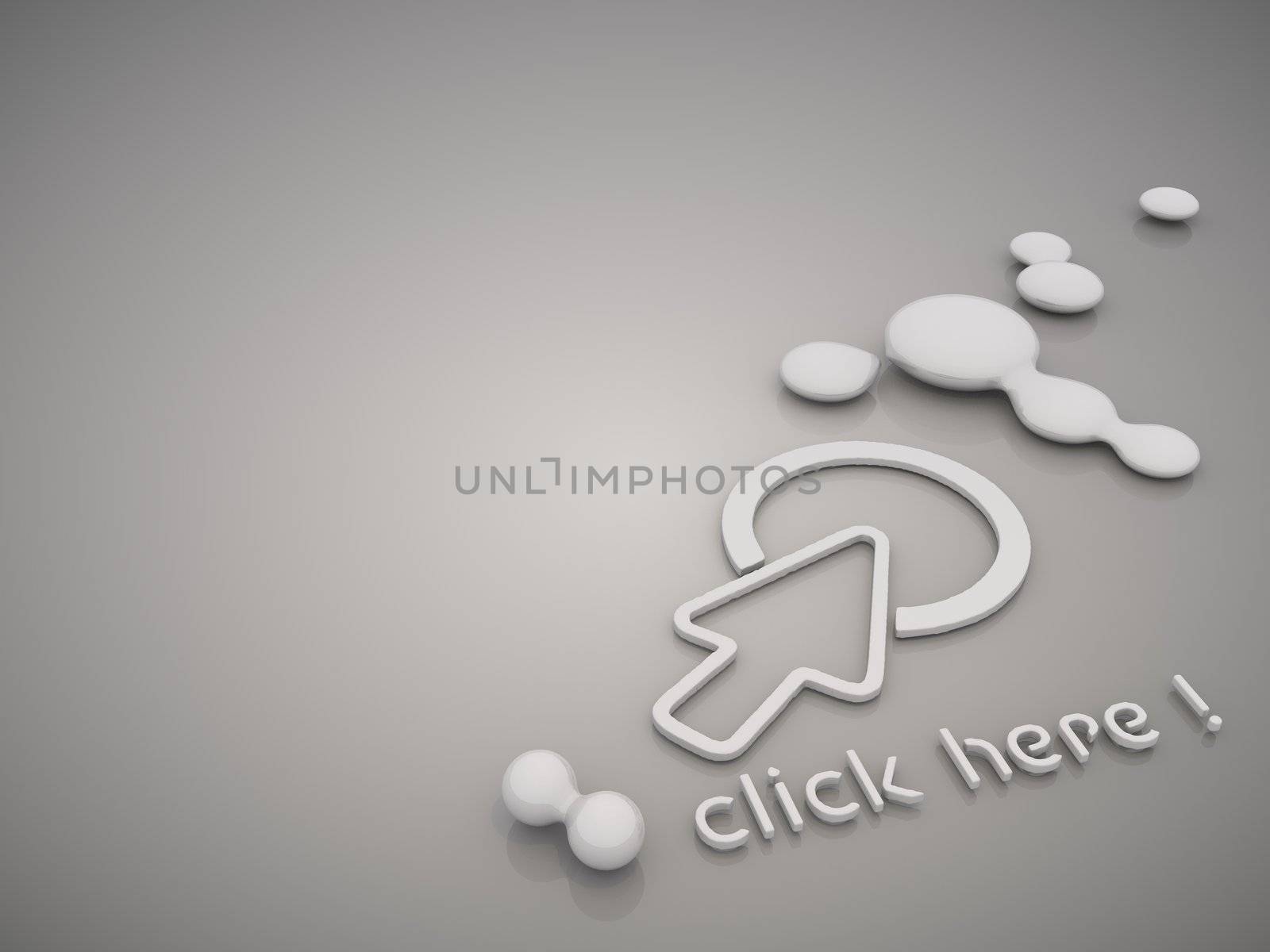 3D graphic Metallic click here symbol in a stylish grey background
