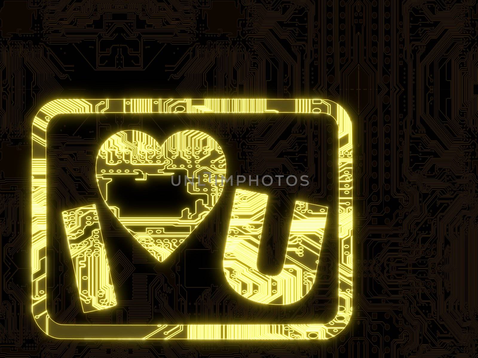 Glowing I love you symbol on a computer chip by onirb