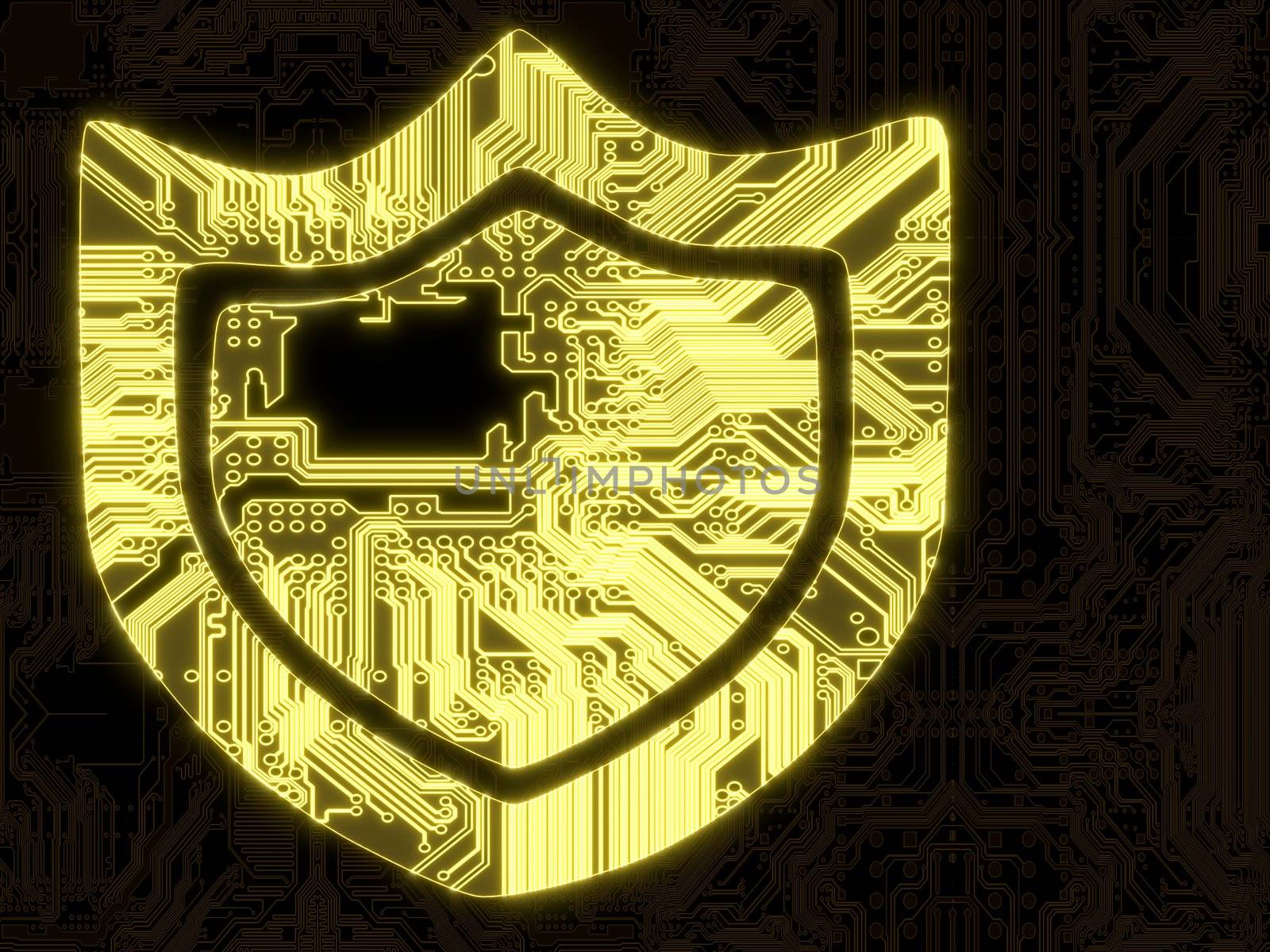 3D Graphic flare glowing protection symbol on a computer chip