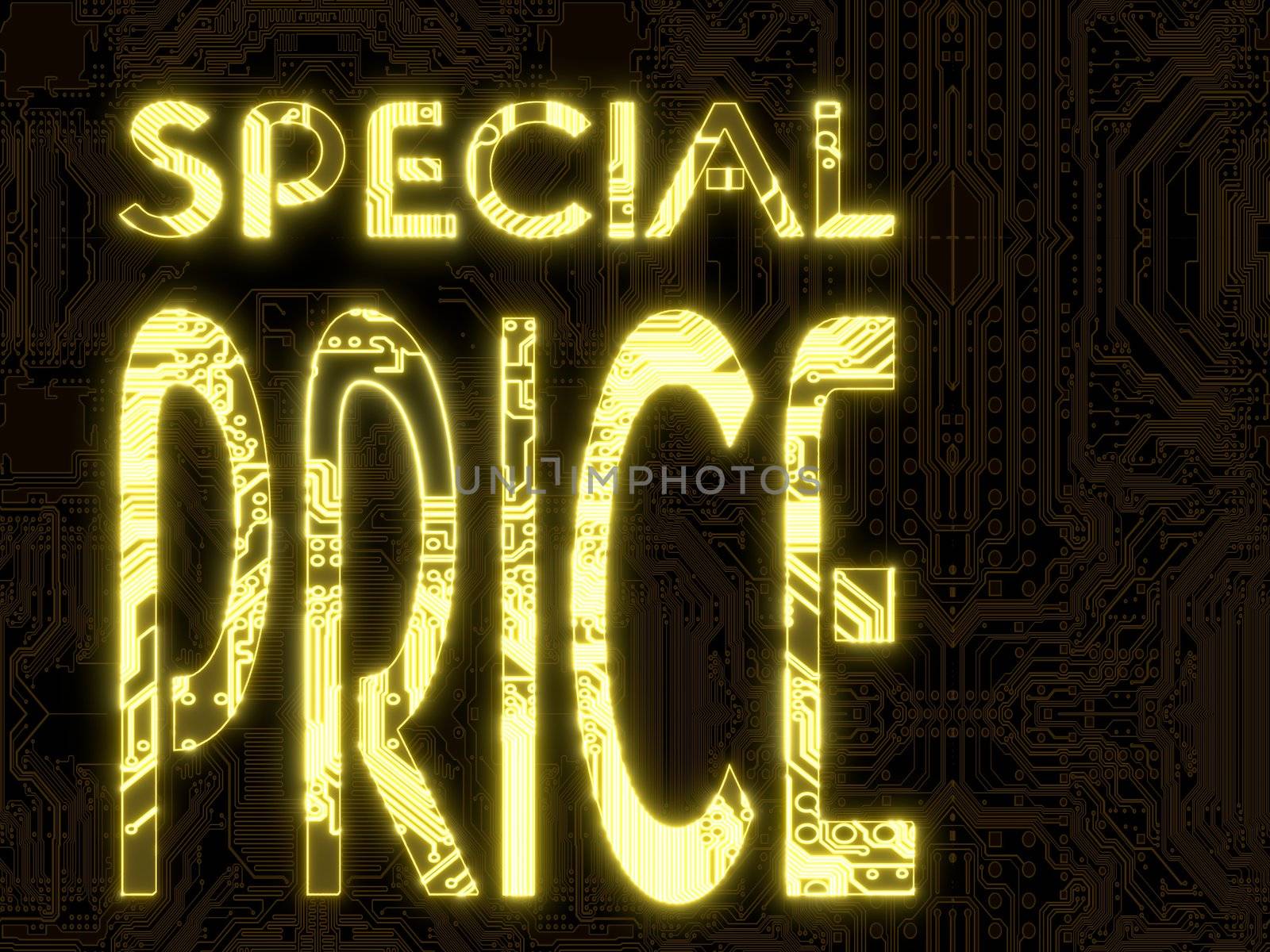 3D Graphic flare computer special price symbol in a dark background