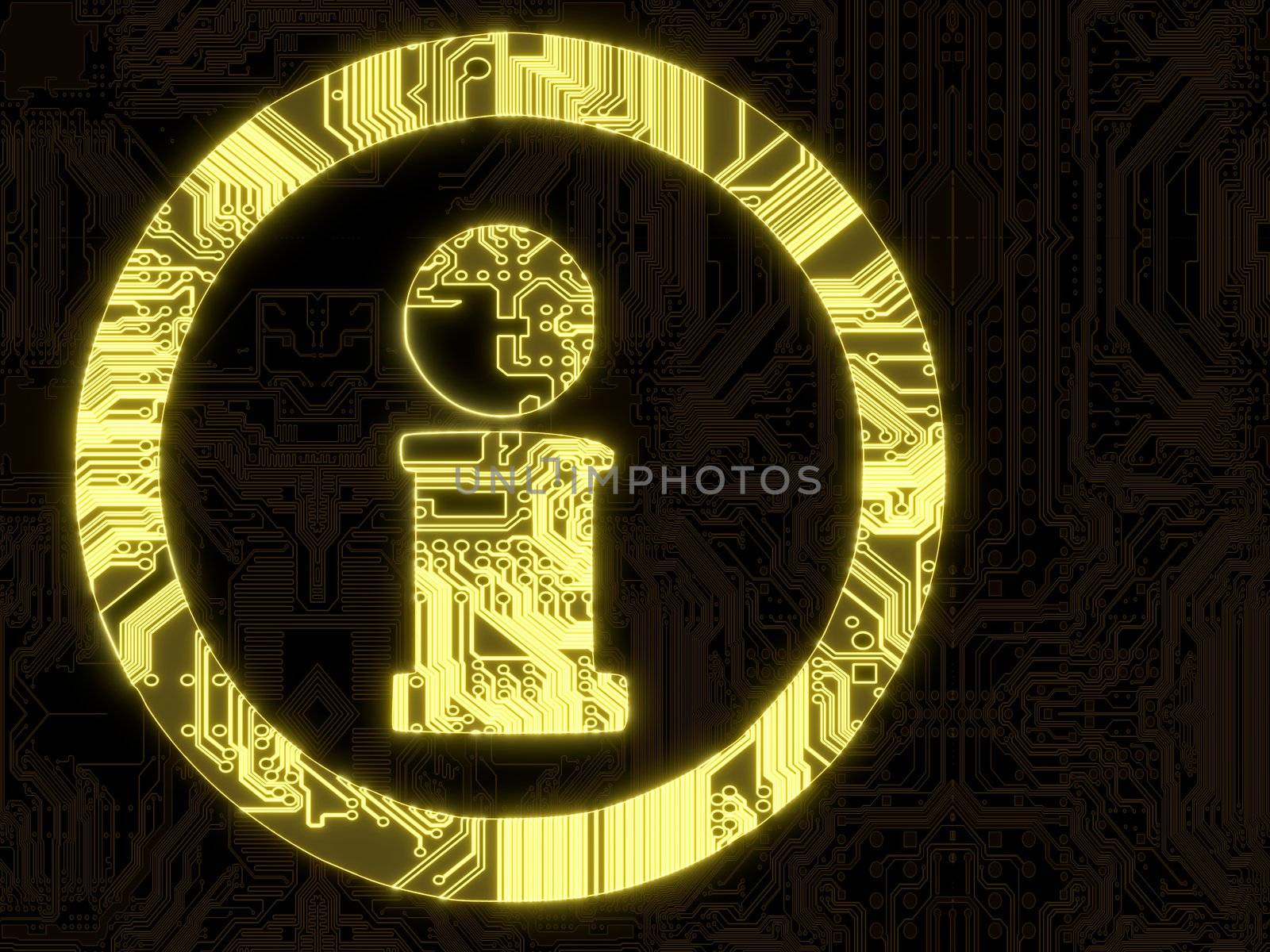  3D Graphic flare glowing information symbol in a dark background on a computer chip
