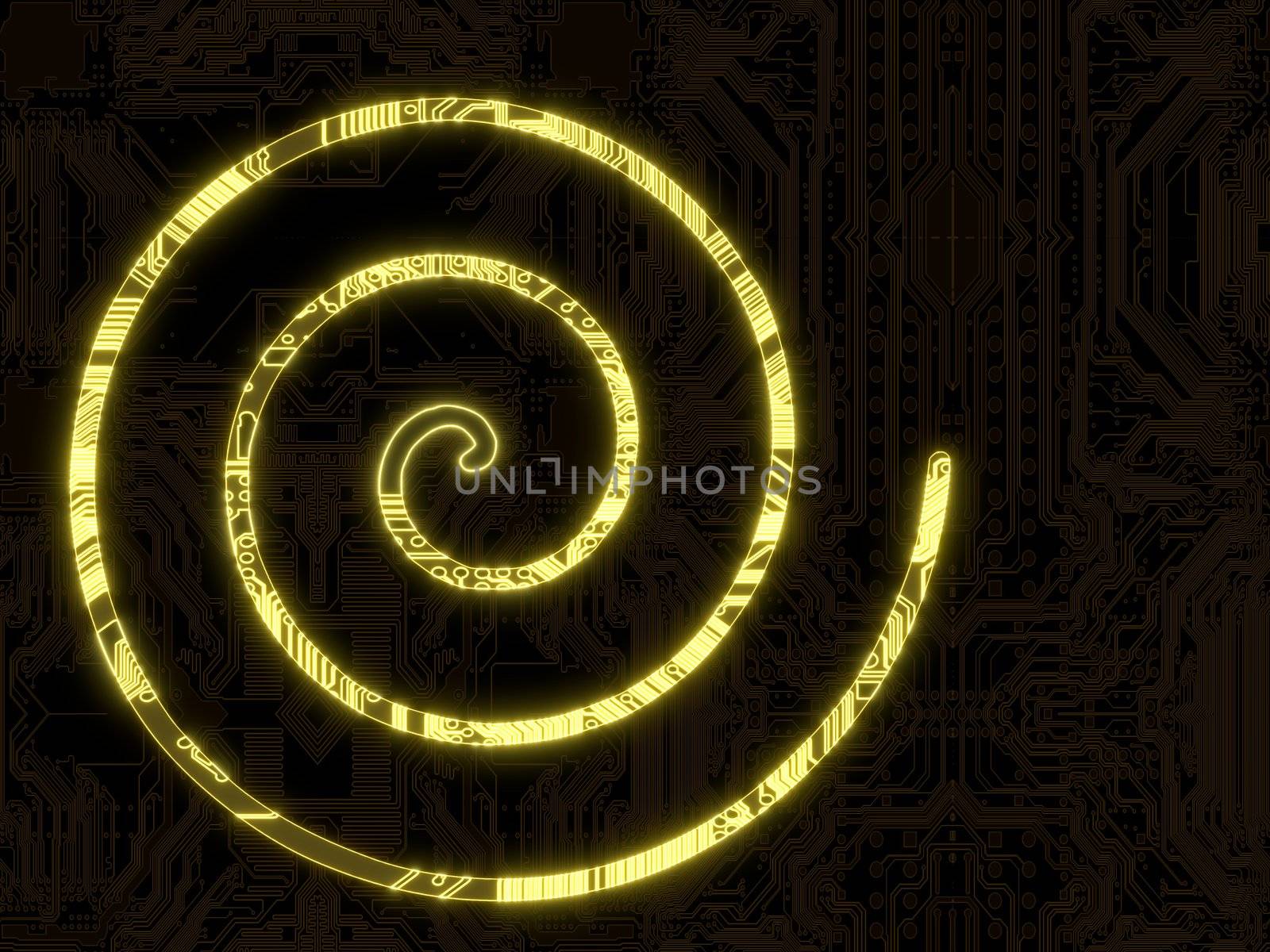 Steel blue  flare 3d graphic with electronic helix symbol in a dark background on a computer chip