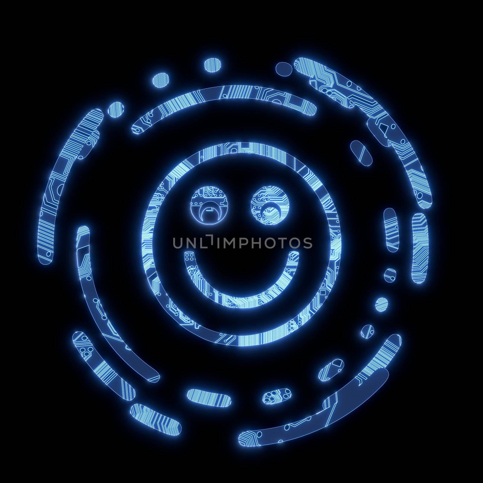 3D Graphic blue  electric smily smile symbol in a dark background on a computer chip