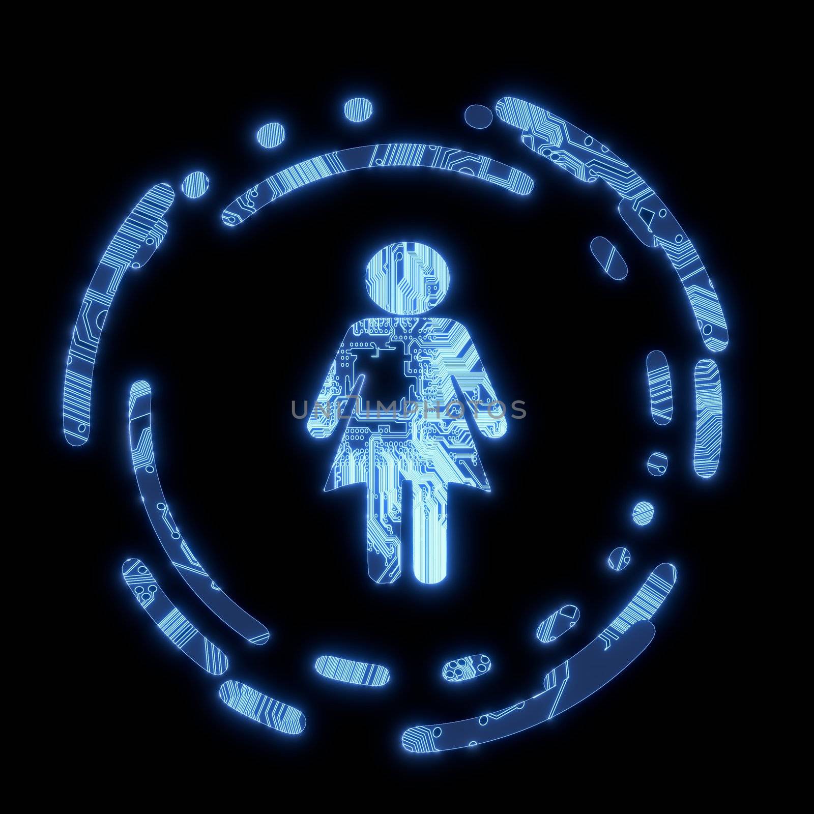 3d graphic Steel blue electric flare woman symbol in a dark background on a computer chip