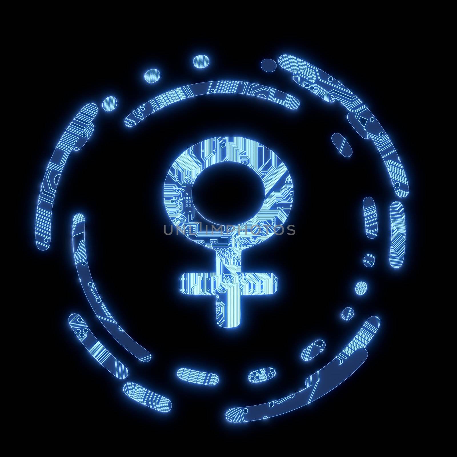 3D Graphic Steel blue electric flare woman symbol in a dark background on a computer chip