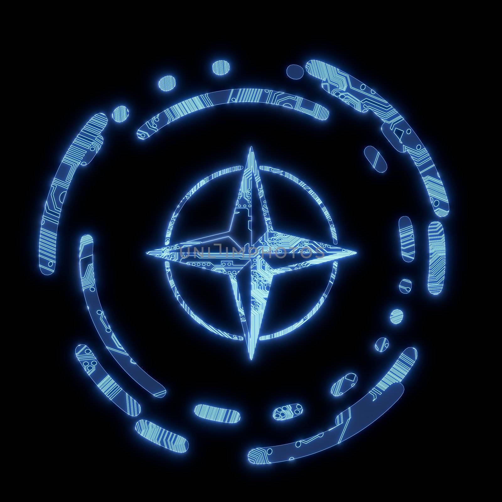 3D Graphic Steel blue  electronic compass symbol in a dark background on a computer chip