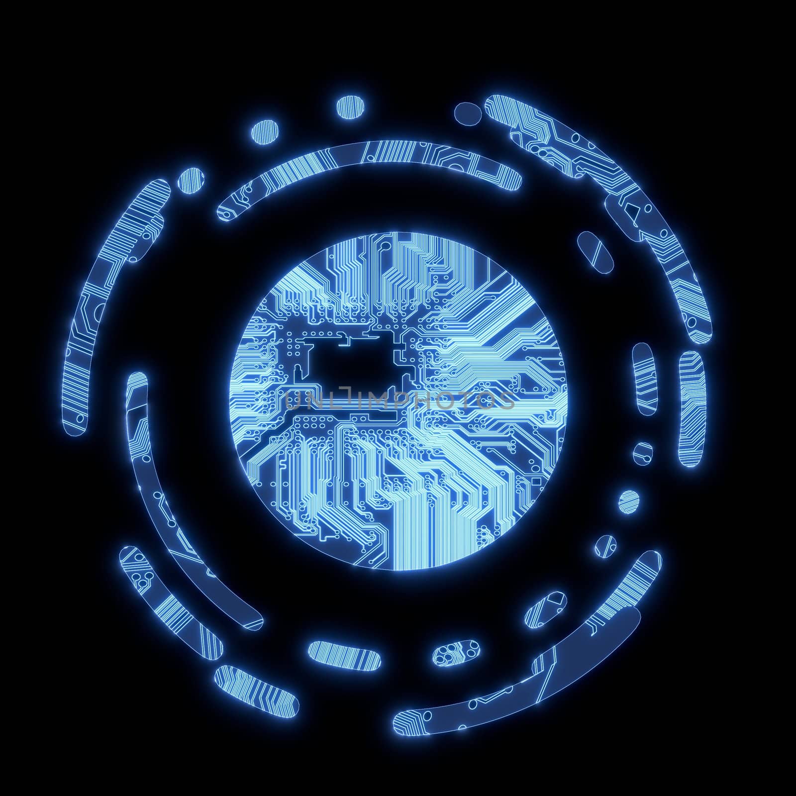 3d graphic Steel blue electric with computer circle symbol in a dark background on a computer chip