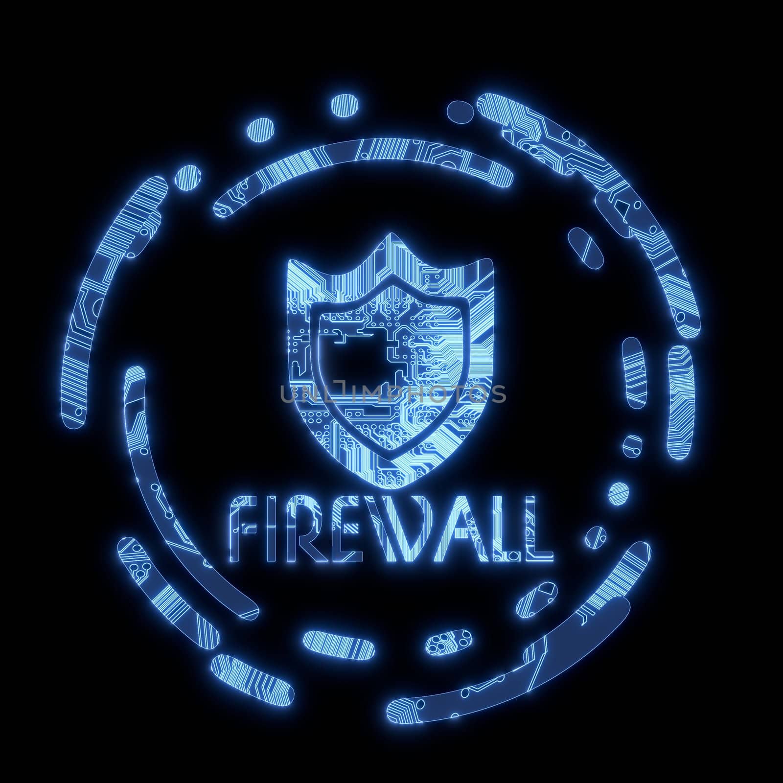 3D Graphic Steel blue electric flare firewall symbol in a dark background on a computer chip