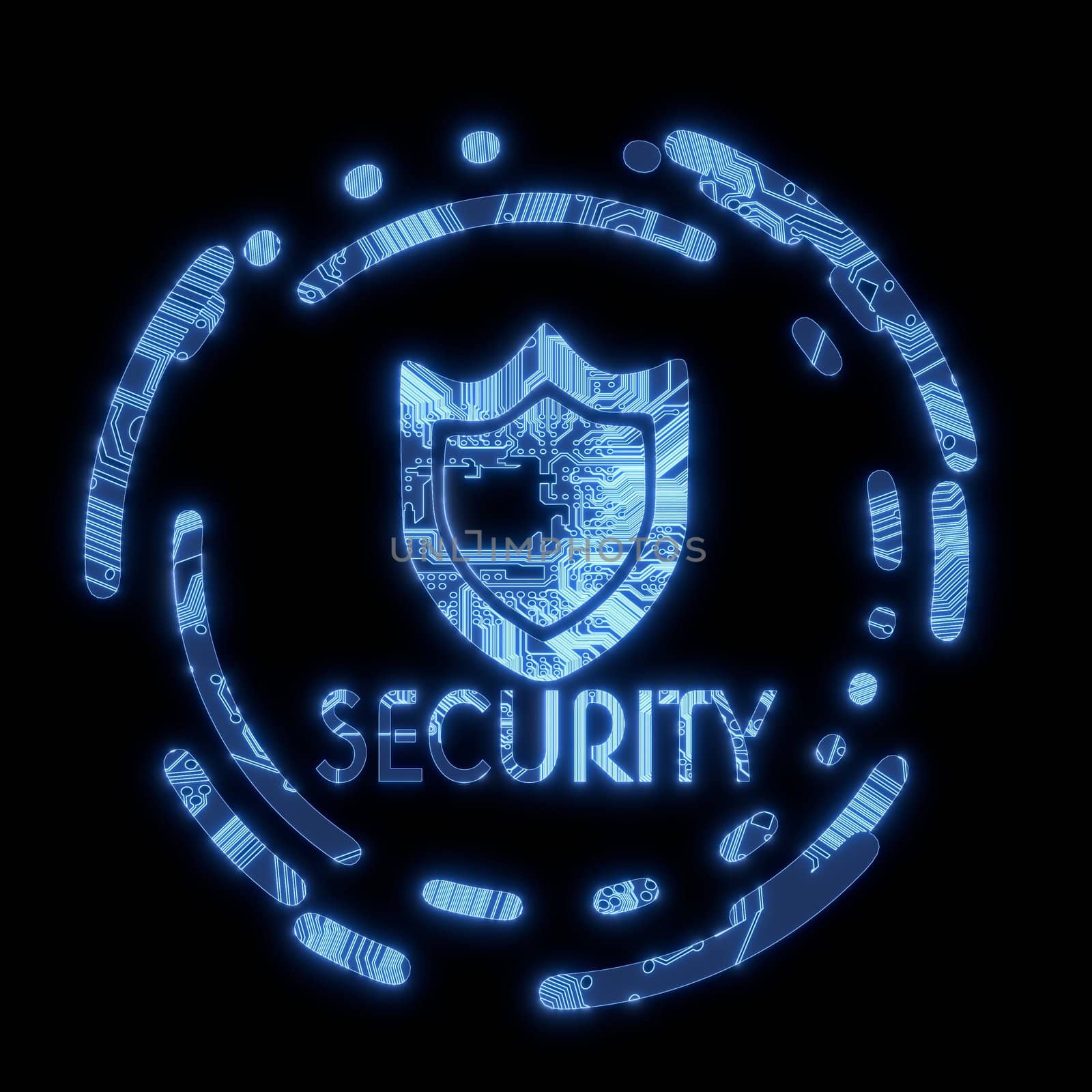 3D Graphic Steel blue electronic security symbol in a dark background on a computer chip