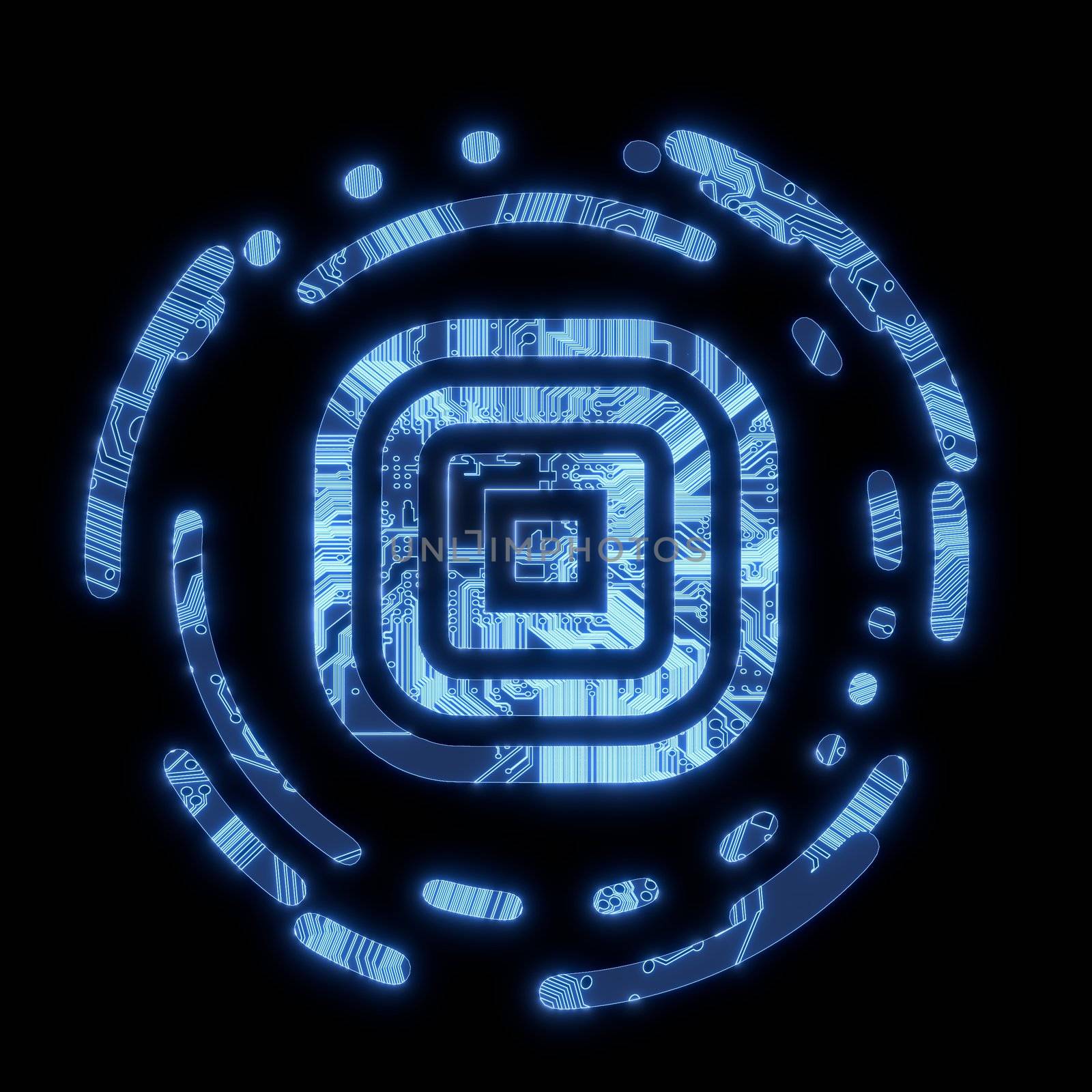 3D Graphic Steel blue flare sight disk symbol in a dark background on a computer chip