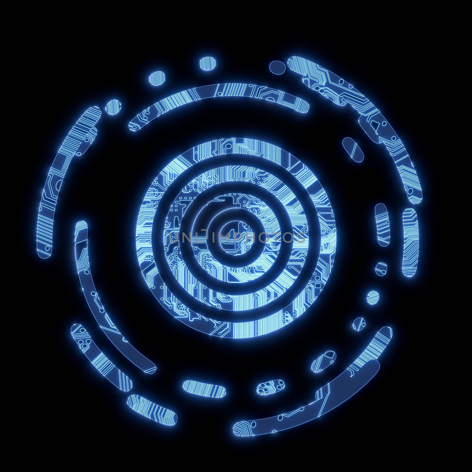 3D Graphic Steel blue computer sight disk symbol in a dark background on a computer chip