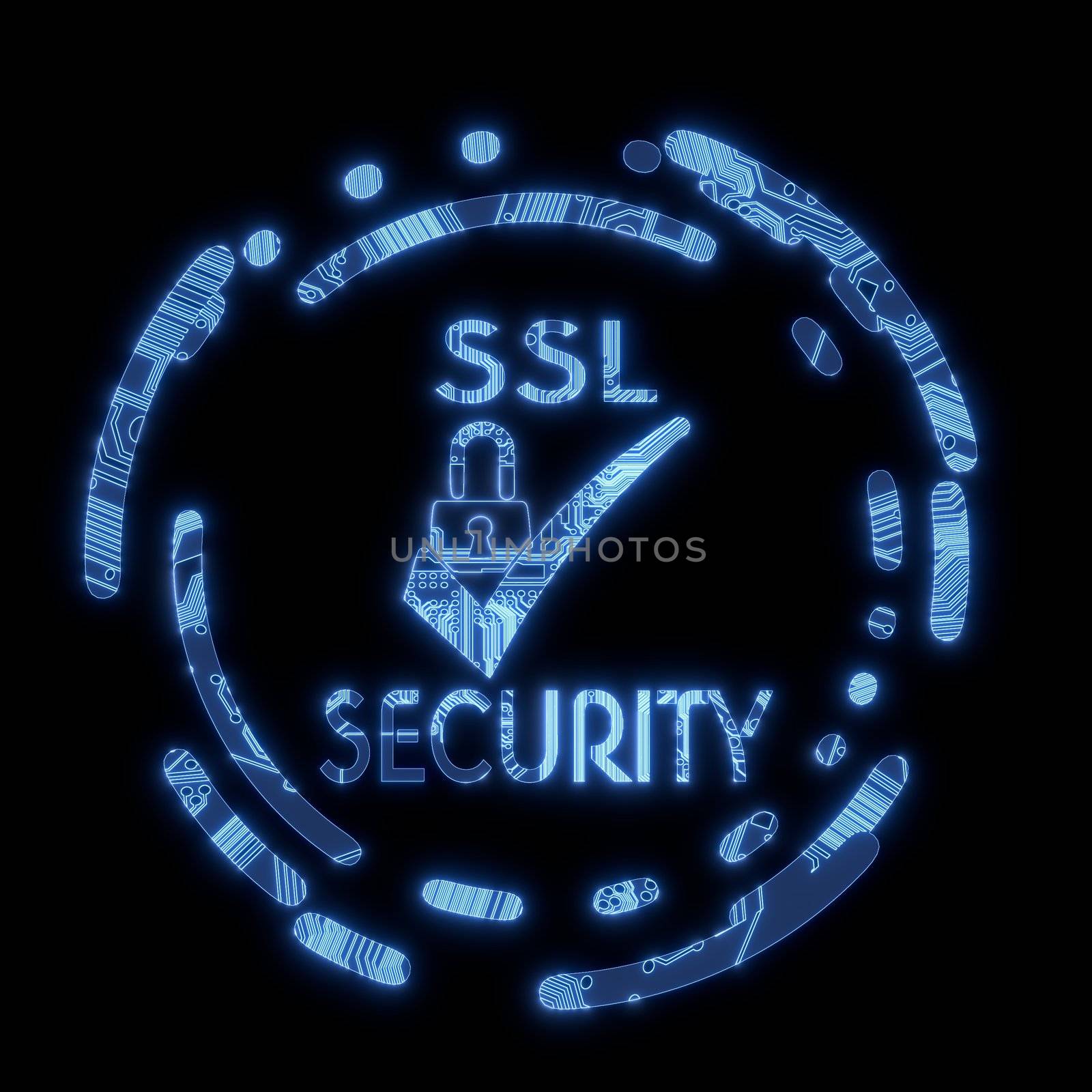 3D Graphic Steel blue electric computer SSL symbol on a computer chip