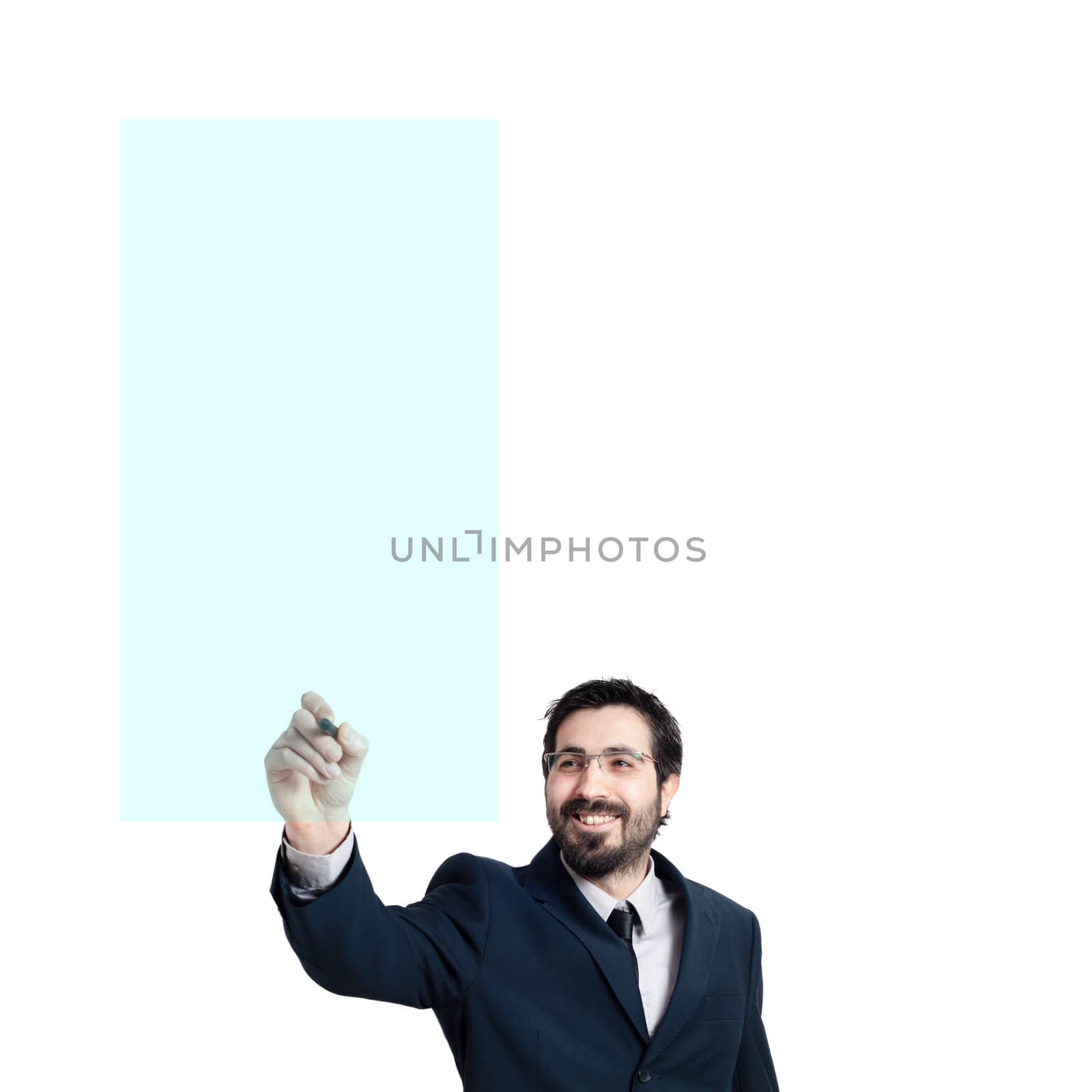 business man writing on imaginary screen on white background