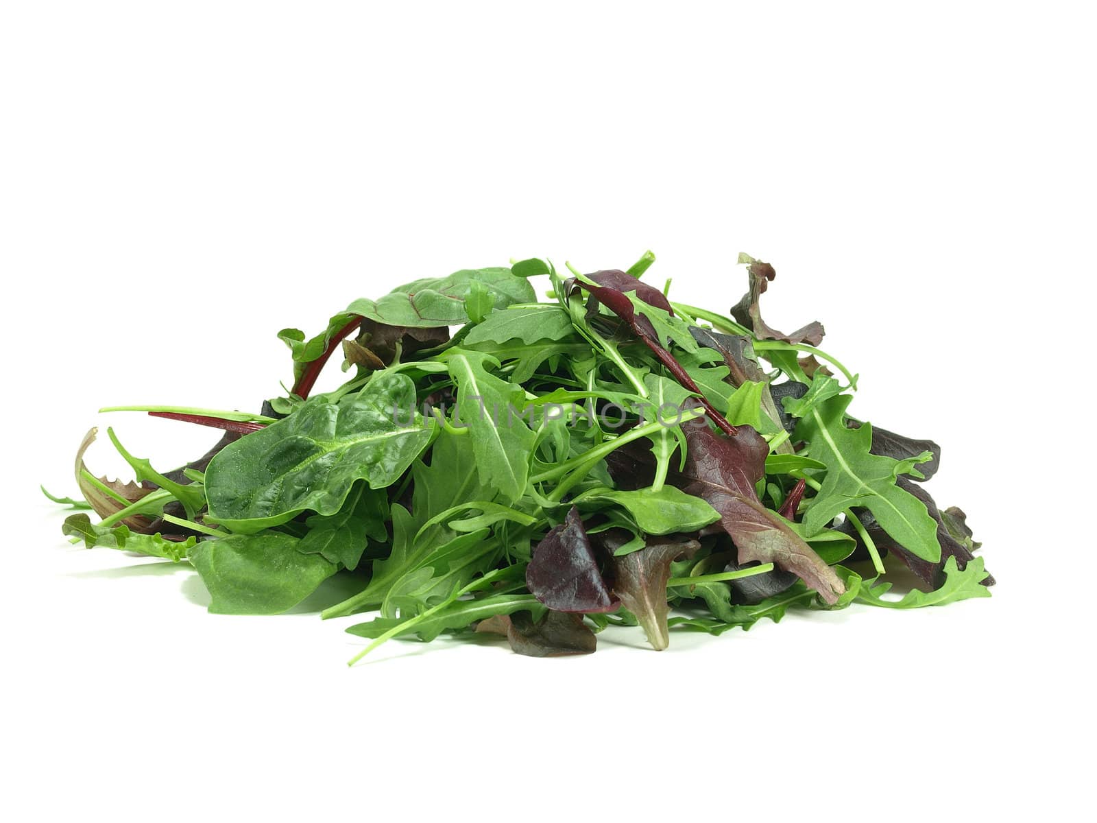 mixed baby green salad on white background