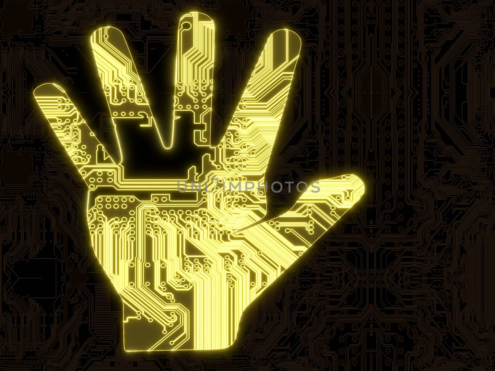 Glowing attention hand symbol on a computer chip by onirb