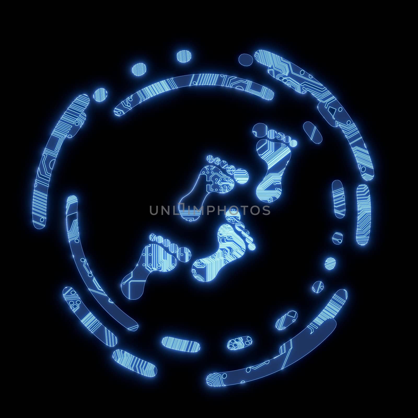 Illuminated blue footprint symbol on a computer chip by onirb