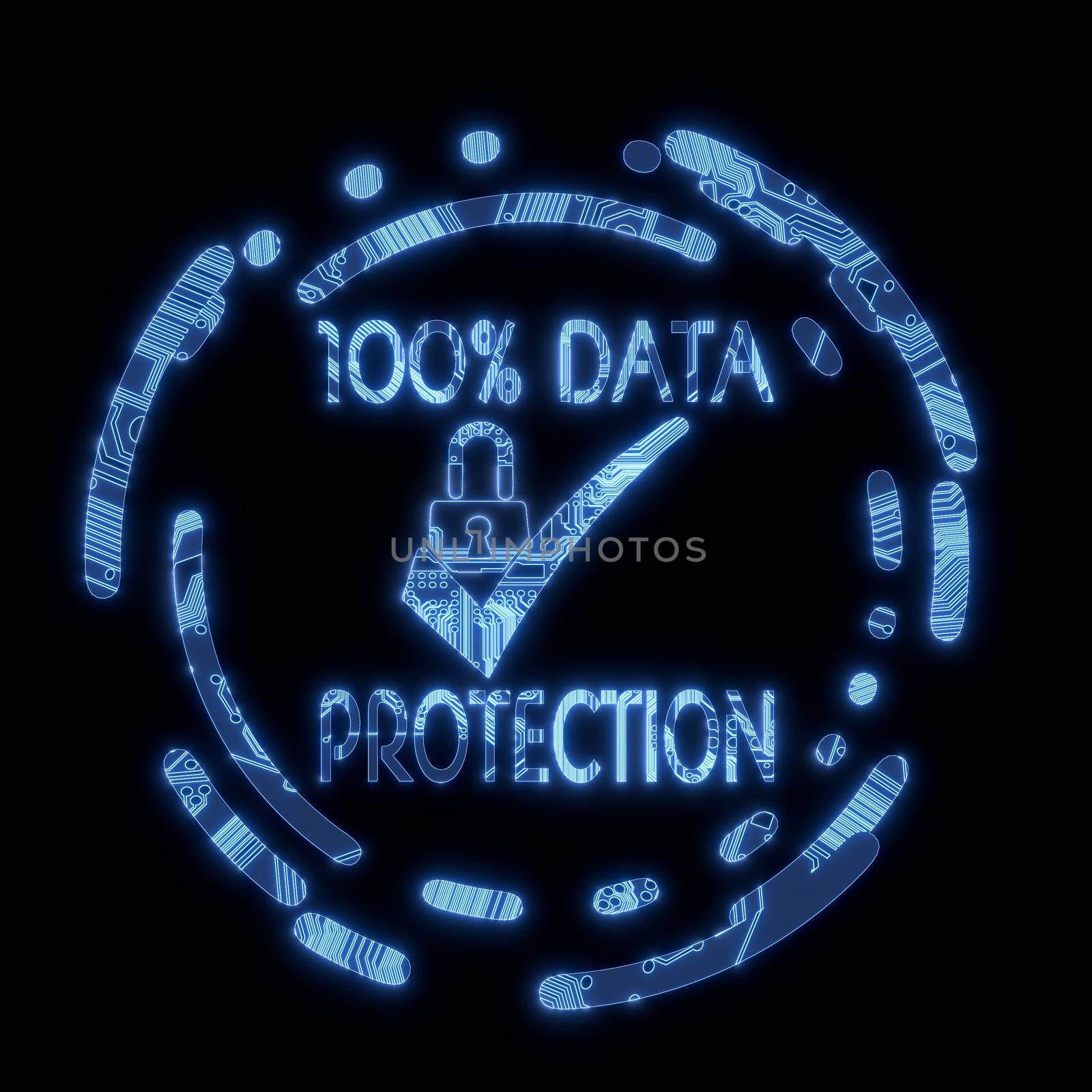 3D Graphic Steel blue electric glowing data protection symbol in a dark background on a computer chip