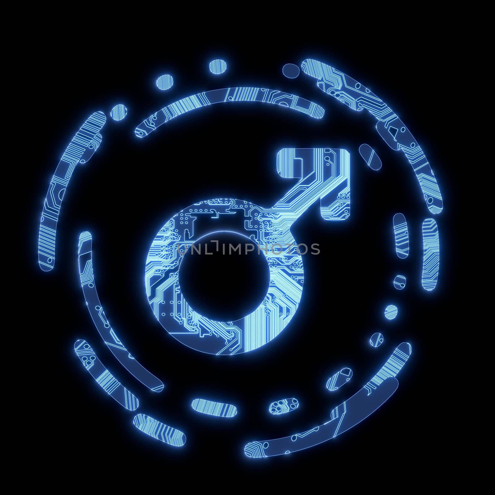 3D Graphic Steel blue  electronic man symbol in a dark background on a computer chip