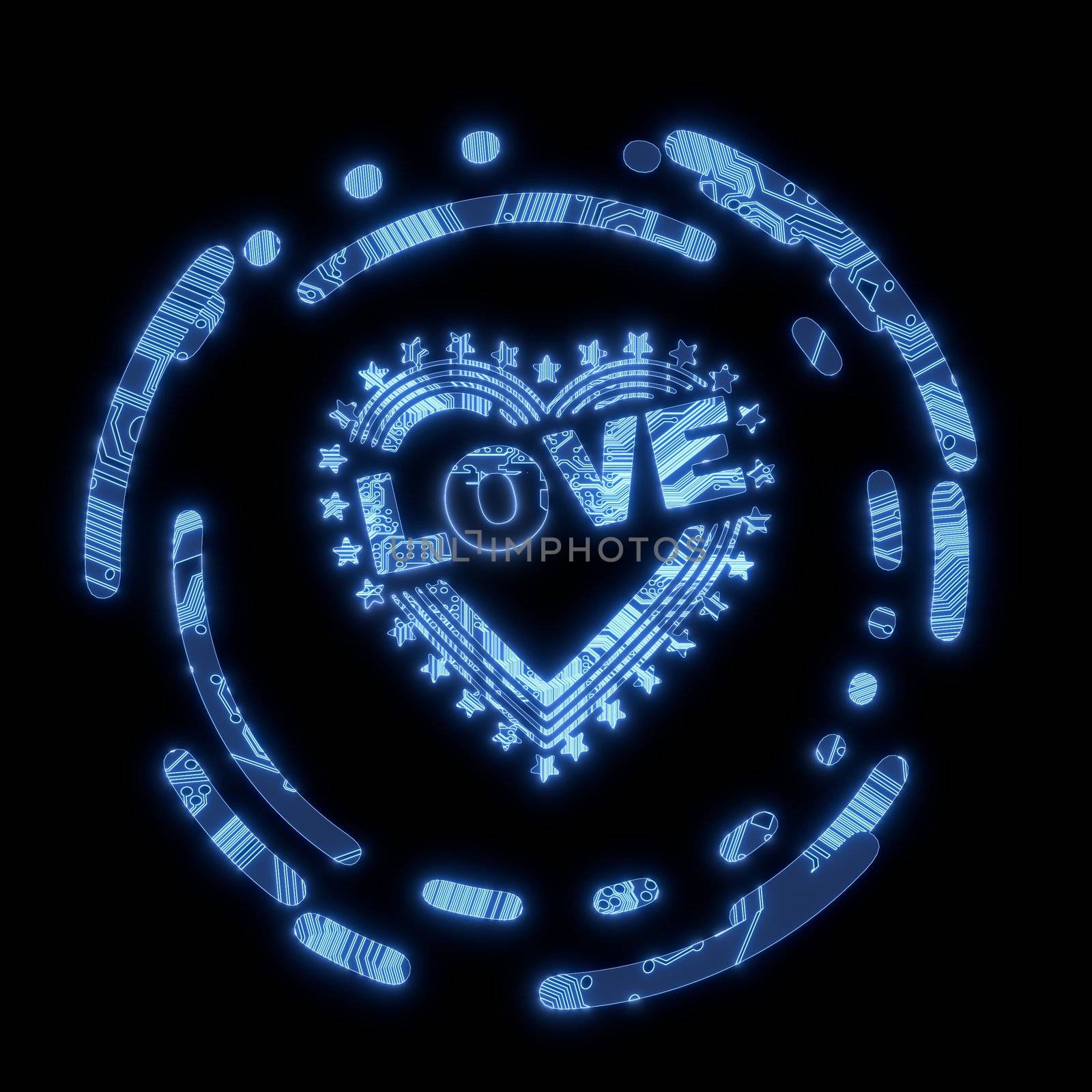 3D Graphic Steel blue computer heart with stars symbol in a dark background on a computer chip